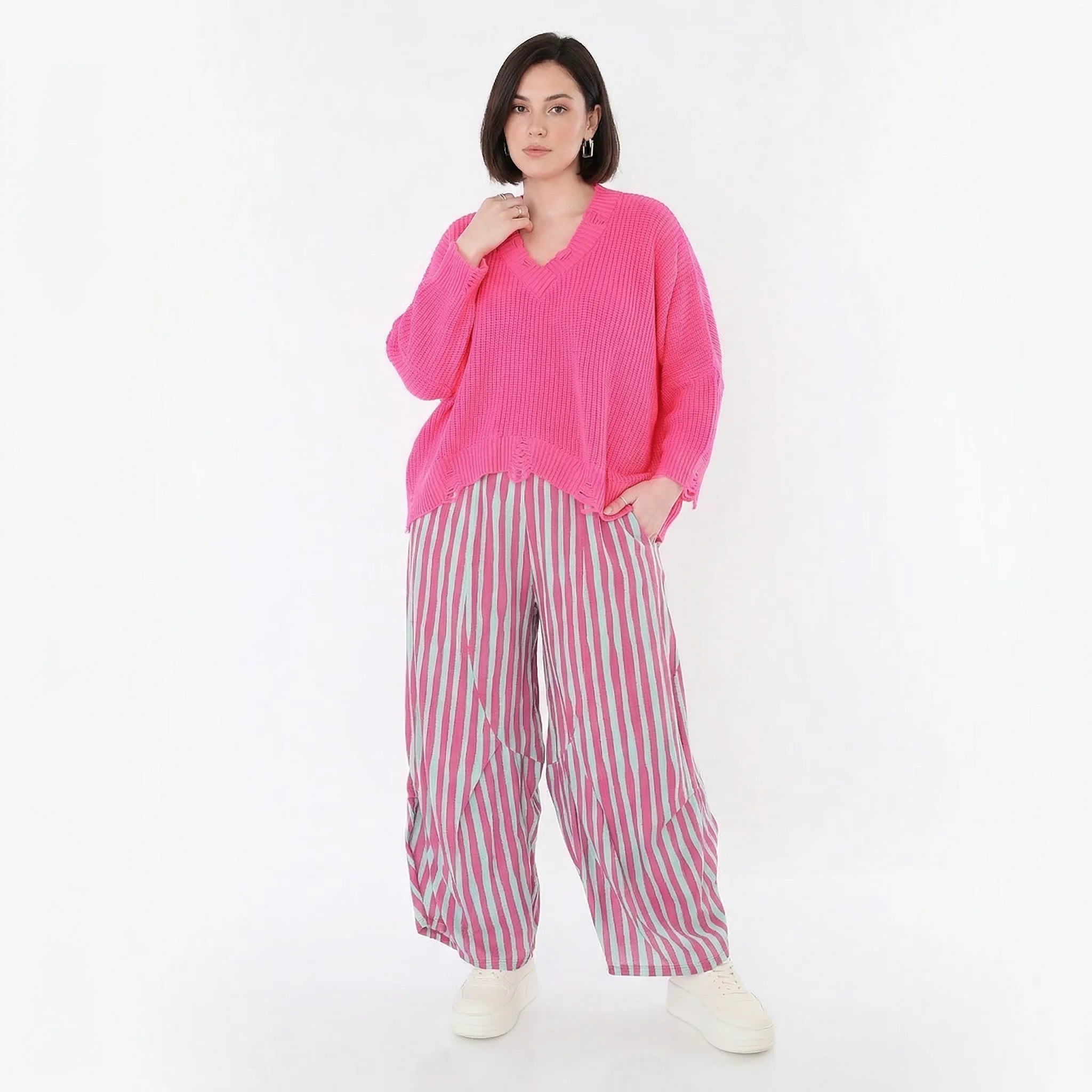 Ballon Hose im lässig zeitlosen Lagenlook mit weitem Bein und luftiger Leinen-Optik, Fuchsia/Mint