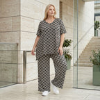 Damen Hose Lagenlook Polyester Schwarz/Weiß, gerader Schnitt, Rauten, Elastikbund, Oversize große Größen – AKH Fashion