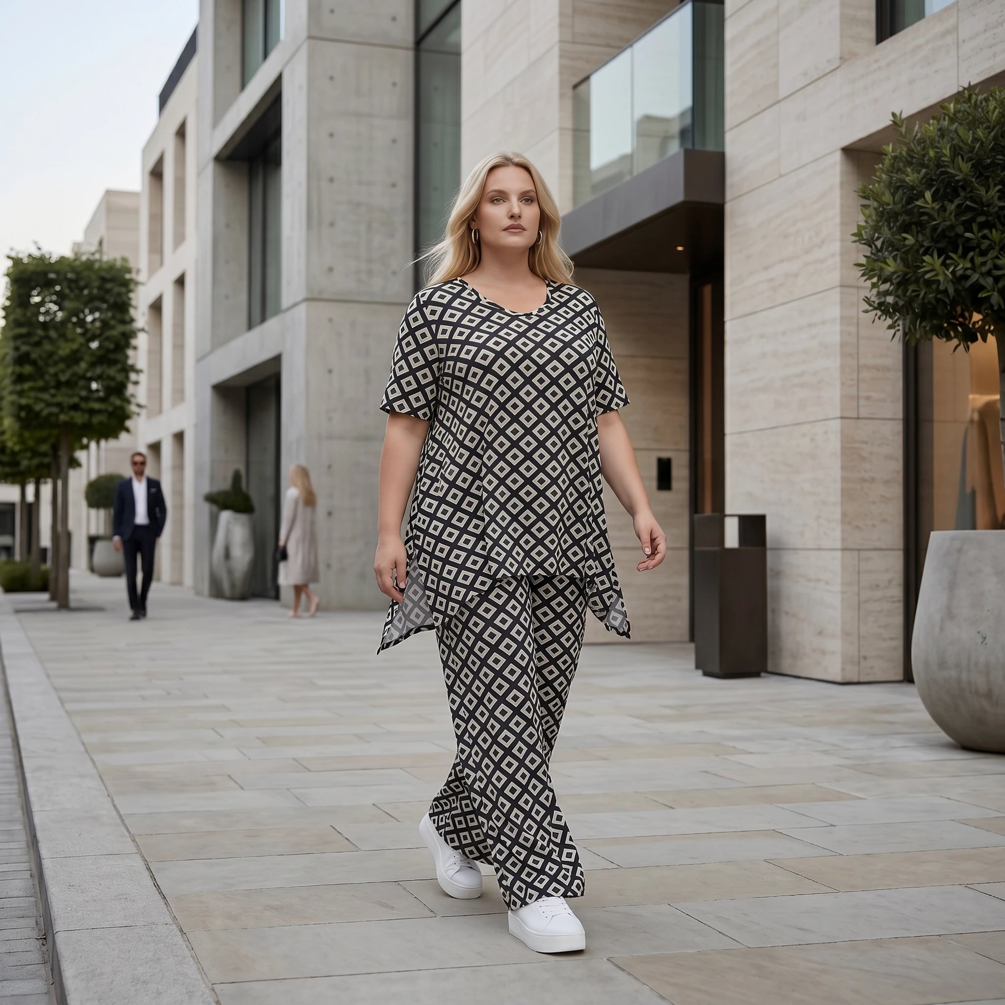 Damen Hose Lagenlook Polyester Schwarz/Weiß, gerader Schnitt, Rauten, Elastikbund, Oversize große Größen – AKH Fashion