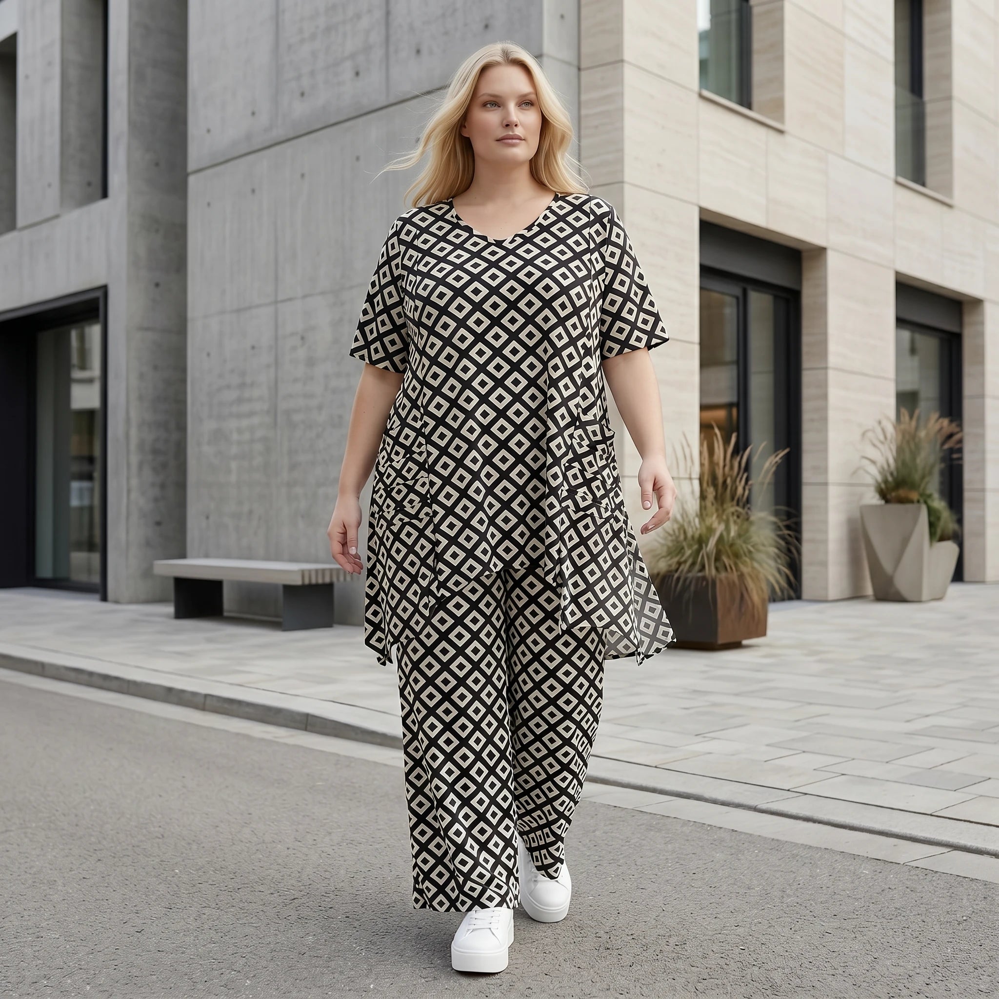 Damen Shirt Lagenlook Polyester Schwarz/Weiß, A-Form, Rauten, 3/4-Arm, Taschen, Oversize große Größen – AKH Fashion