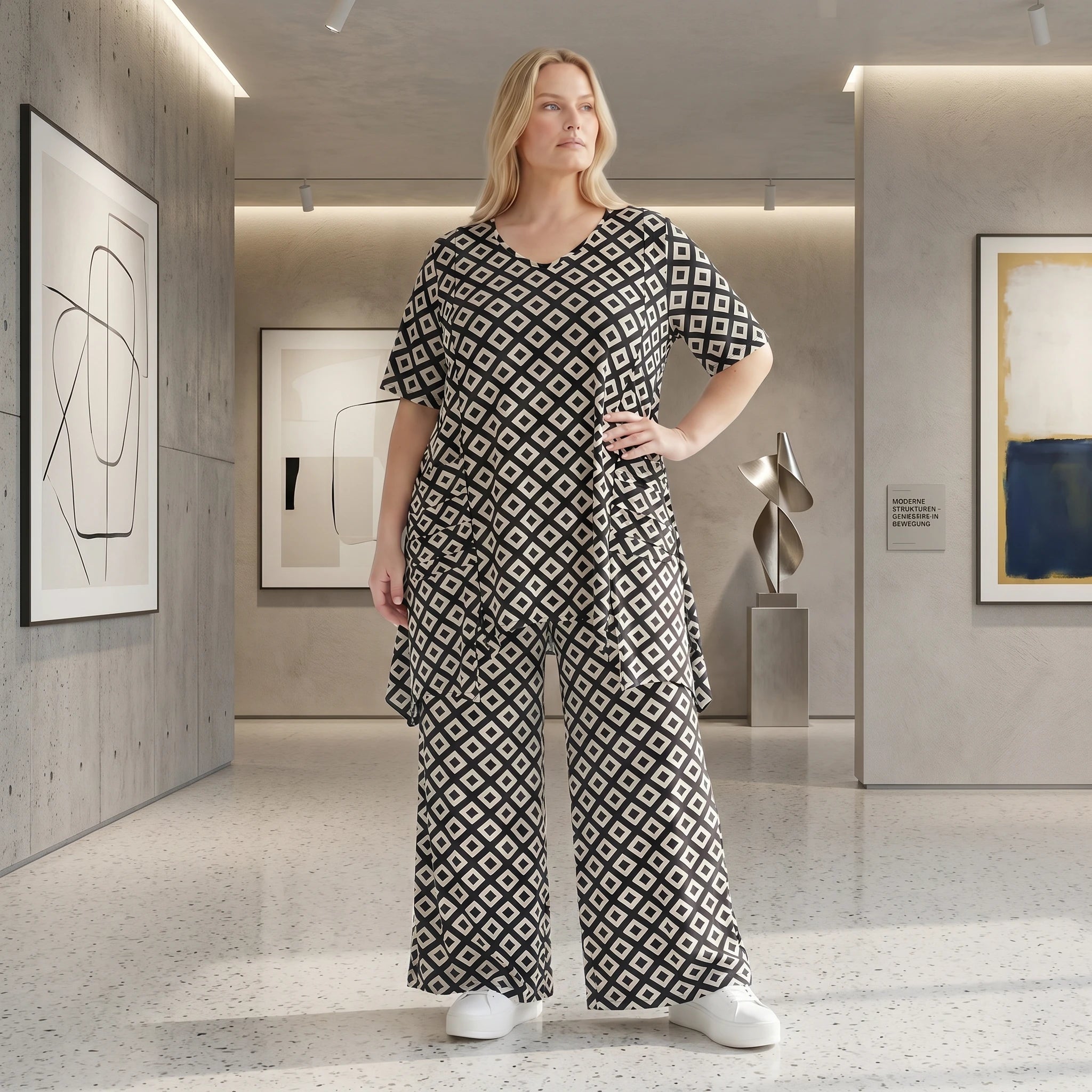 Damen Shirt Lagenlook Polyester Schwarz/Weiß, A-Form, Rauten, 3/4-Arm, Taschen, Oversize große Größen – AKH Fashion