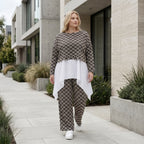 Damen Überwurf Lagenlook Polyester Schwarz/Weiß, Rauten, Langarm, Oversize große Größen – AKH Fashion