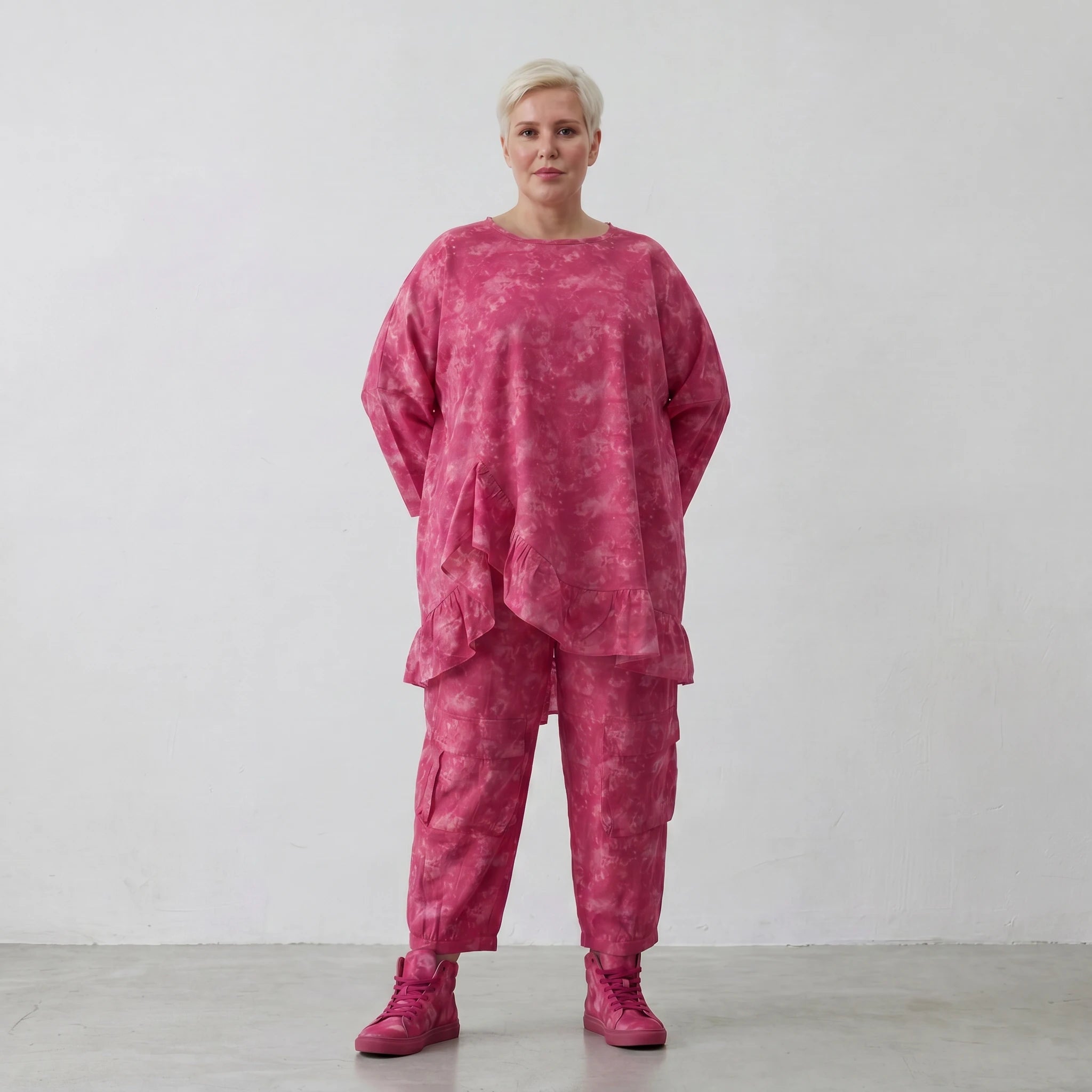 Oversize Big Shirt aus leichter, feiner Baumwollpopeline im ausgefallenen Lagenlook, Batik, Fuchsia