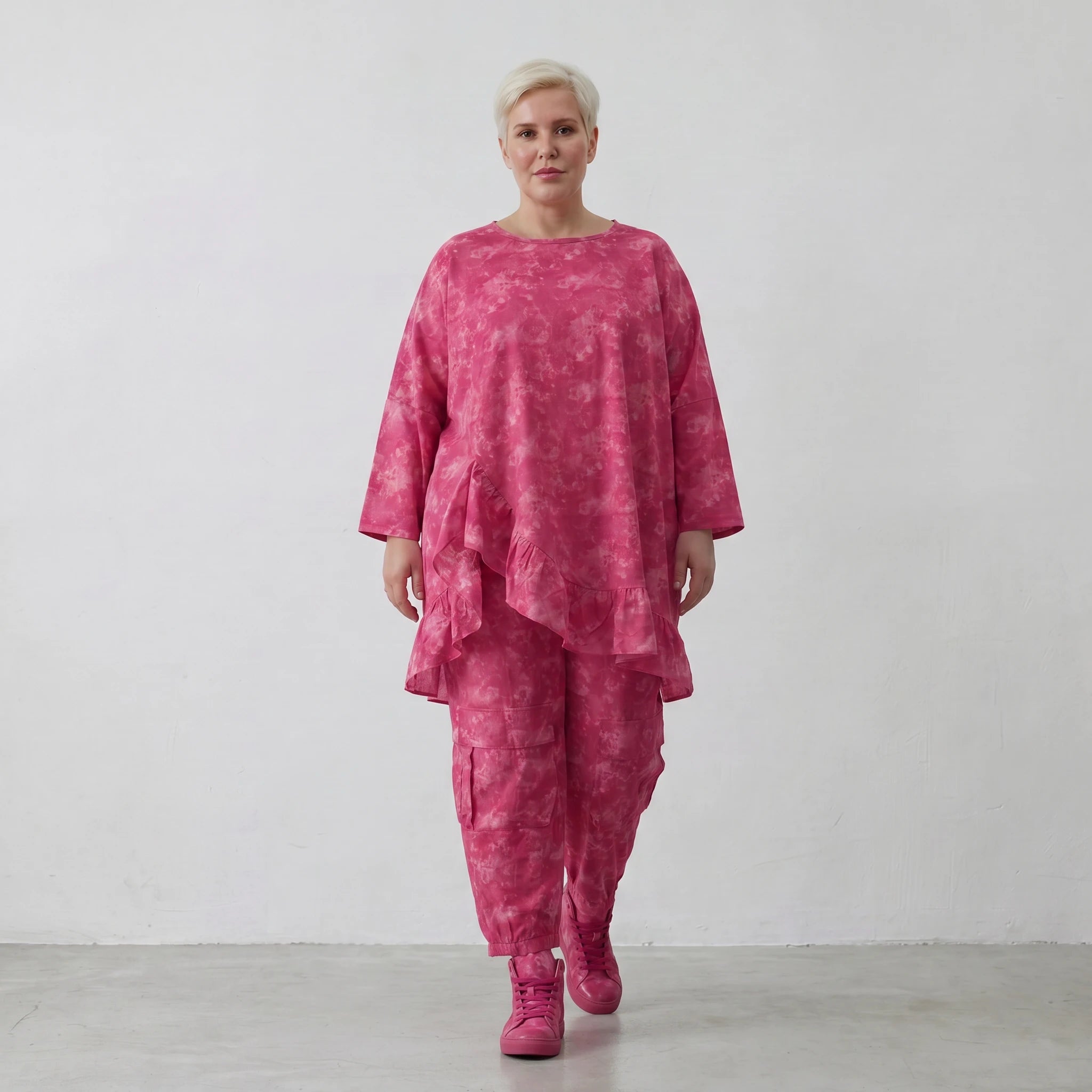 Oversize Big Shirt aus leichter, feiner Baumwollpopeline im ausgefallenen Lagenlook, Batik, Fuchsia