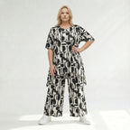 Zeitlose Palazzo Hose im ausgefallenen Lagenlook mit weich fließendem Stretch und abstraktem Muster, Schwarz/Weiß