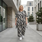 Zeitlose Palazzo Hose im ausgefallenen Lagenlook mit weich fließendem Stretch und abstraktem Muster, Schwarz/Weiß