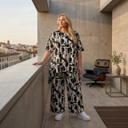 Zeitlose Palazzo Hose im ausgefallenen Lagenlook mit weich fließendem Stretch und abstraktem Muster, Schwarz/Weiß