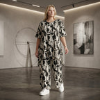 Zeitlose Palazzo Hose im ausgefallenen Lagenlook mit weich fließendem Stretch und abstraktem Muster, Schwarz/Weiß