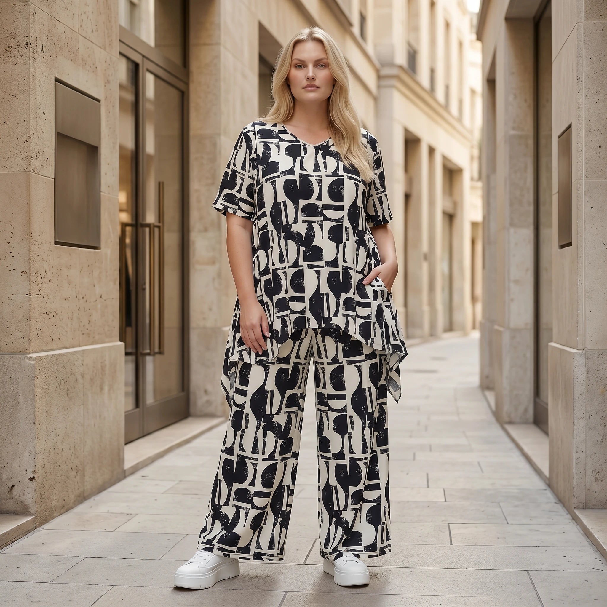 Legeres A-Form Shirt im ausgefallenen Oversize Lagenlook mit fließendem Stretchkomfort, Schwarz/Weiß