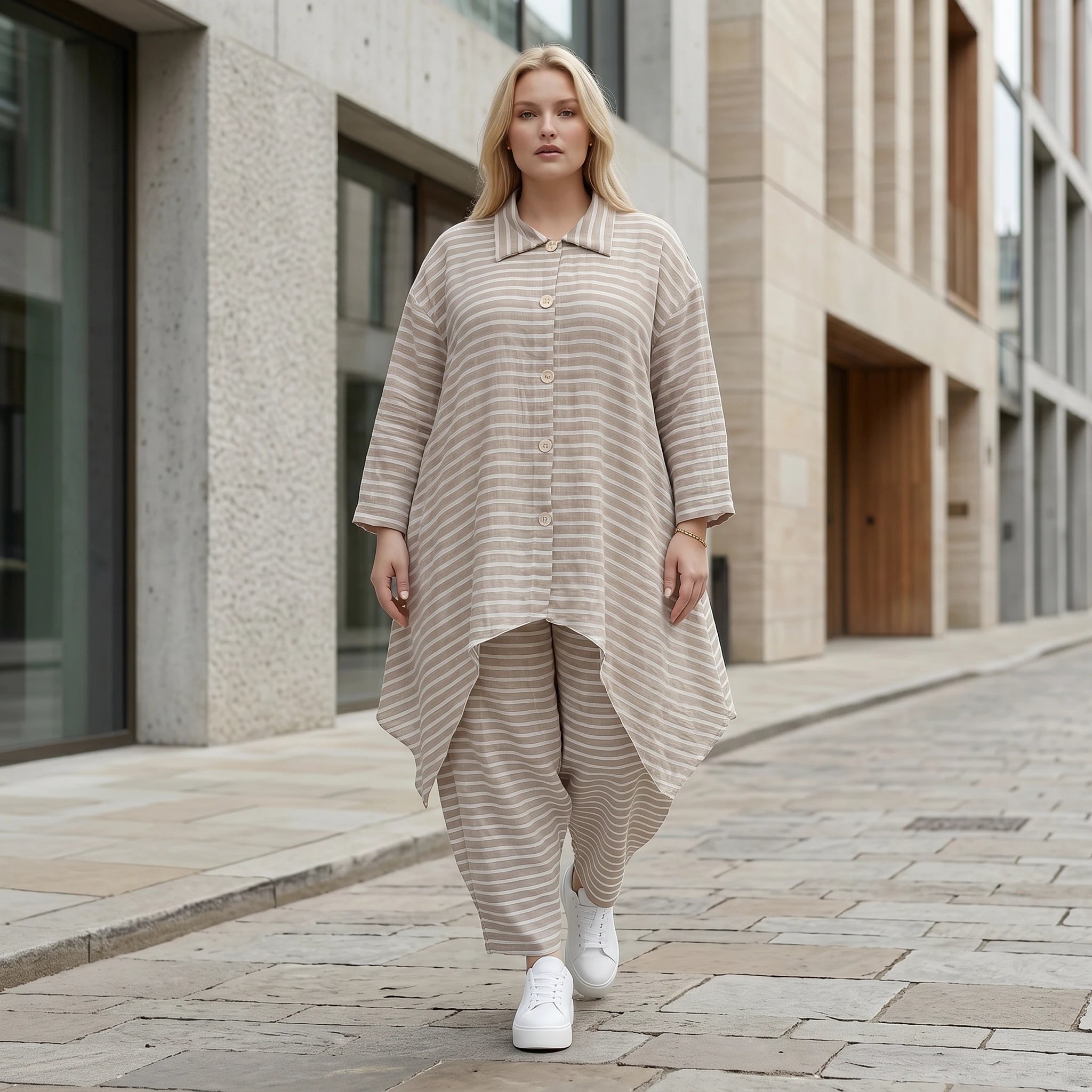 Leicht luftige Oversize Zipfeljacke im ausgefallenen Lagenlook mit Streifen und Taschen, Sand/Weiß