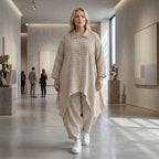Leicht luftige Oversize Zipfeljacke im ausgefallenen Lagenlook mit Streifen und Taschen, Sand/Weiß