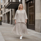 Luftiges Oversize Lagenlook Shirt in A-Form mit Streifen und Biesen, leicht und leger, Sand/Weiß