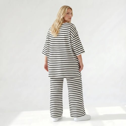 Stilvolle Lagenlook Hose mit weitem Bein Schlitz aus weichem Jersey im angesagten Streifen Design, Weiß/Schwarz