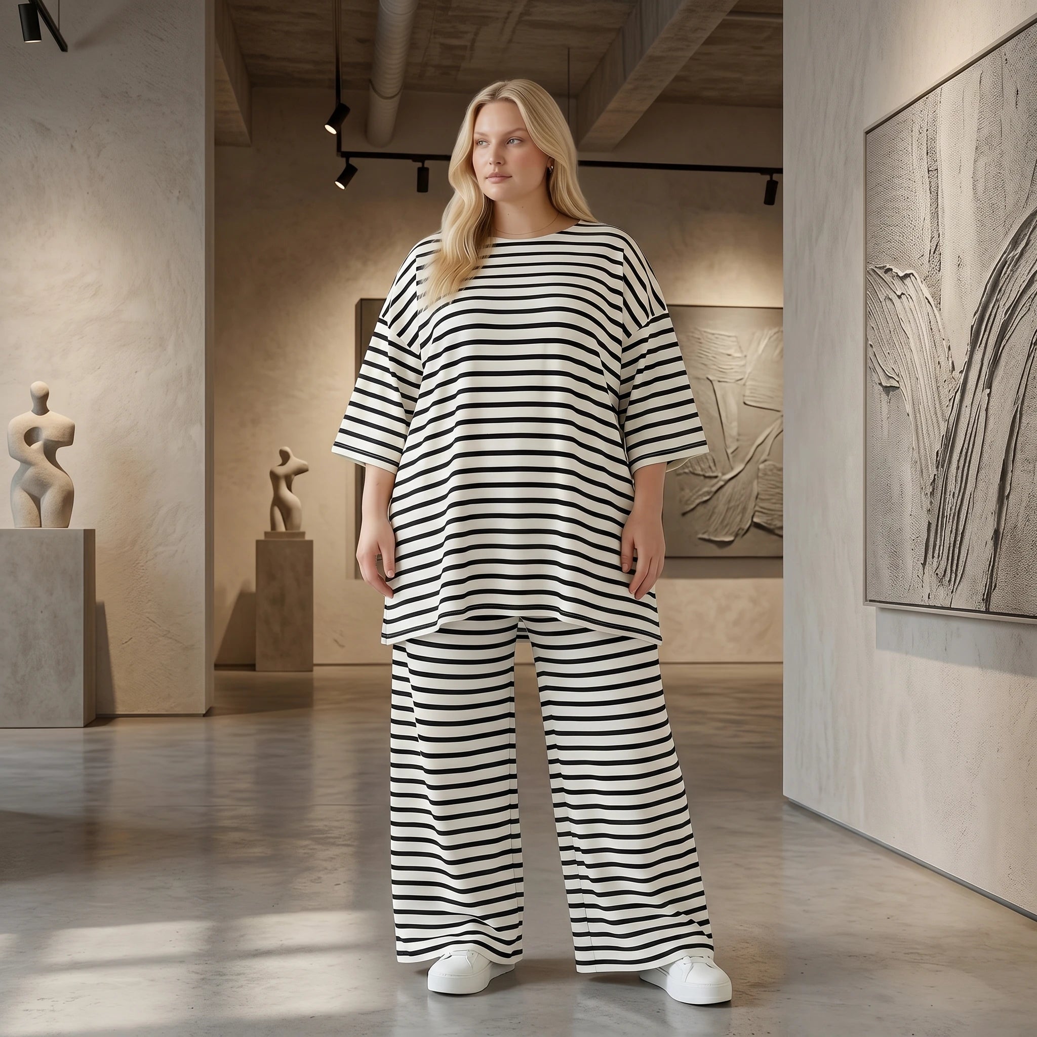 Stilvolle Lagenlook Hose mit weitem Bein Schlitz aus weichem Jersey im angesagten Streifen Design, Weiß/Schwarz