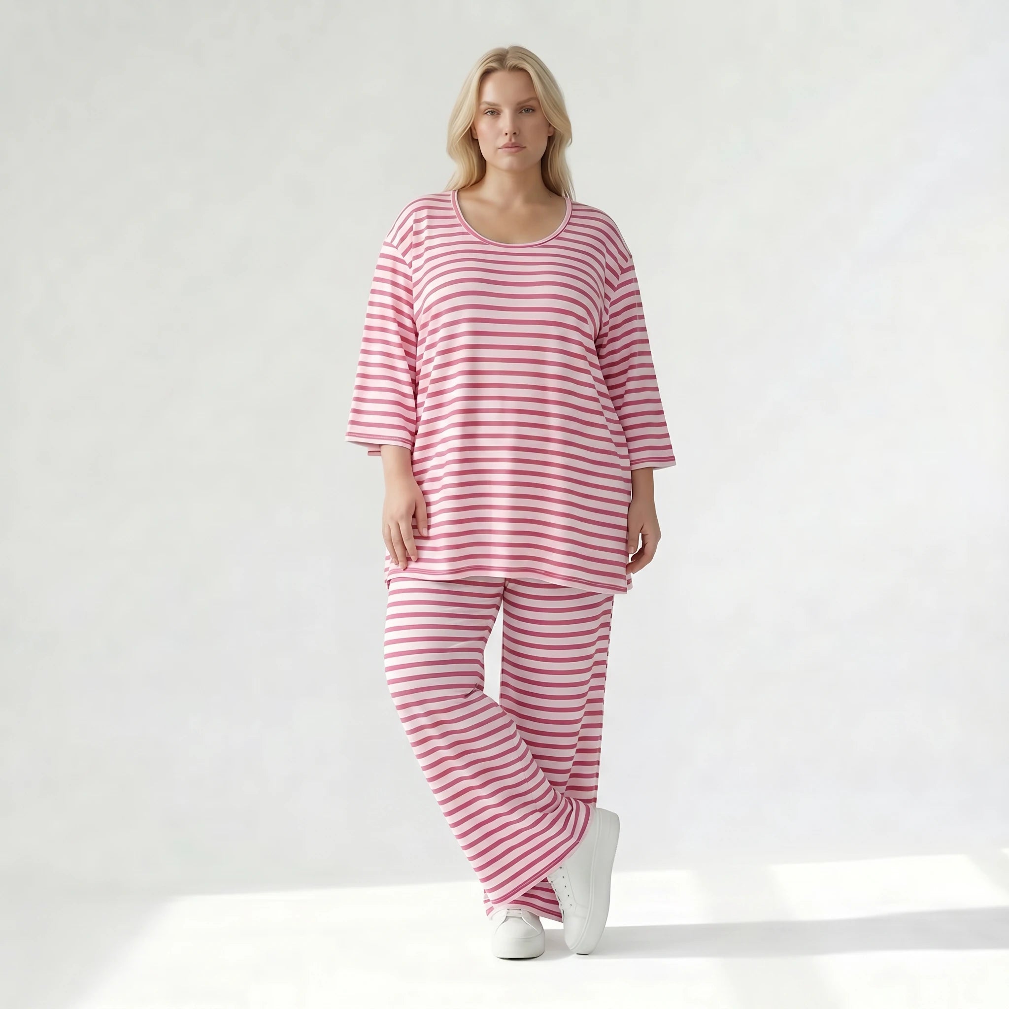 Ausgefallene Lagenlook Hose mit weiten Beinen und feinem Jersey, weich fließend, Streifen, Weiß/Fuchsia