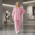 Ausgefallene Lagenlook Hose mit weiten Beinen und feinem Jersey, weich fließend, Streifen, Weiß/Fuchsia