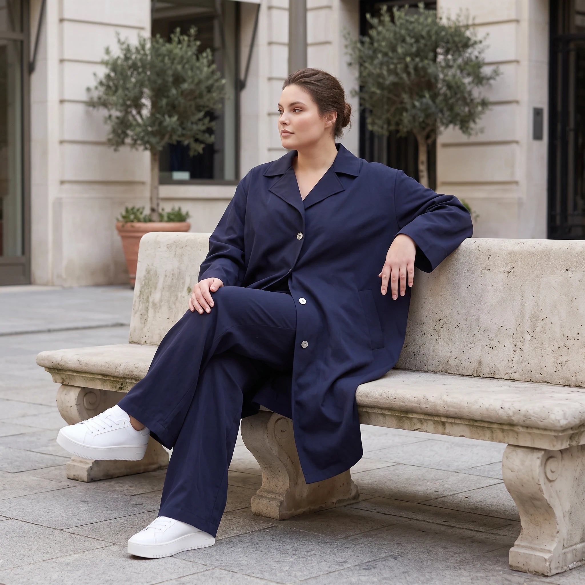 Fliessender Viskosemantel in Marine leger Oversize Lagenlook modern elegant leicht weich