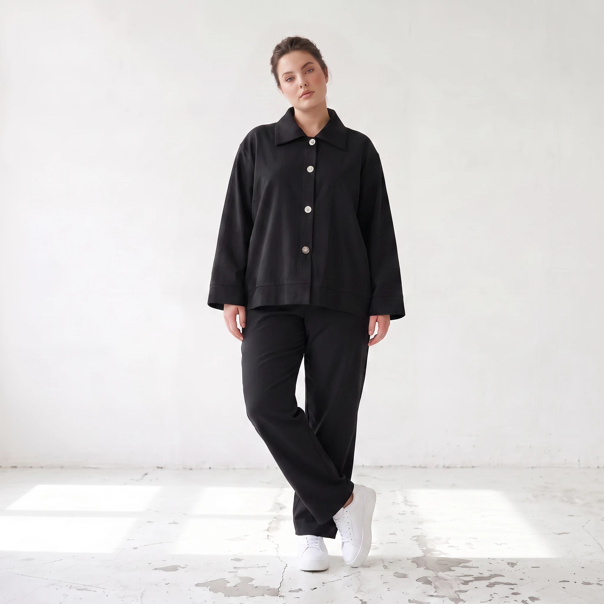 Schwarzer Oversize Blazer leger und zeitlos mit Stretchkomfort und Lagenlook cleanem Look