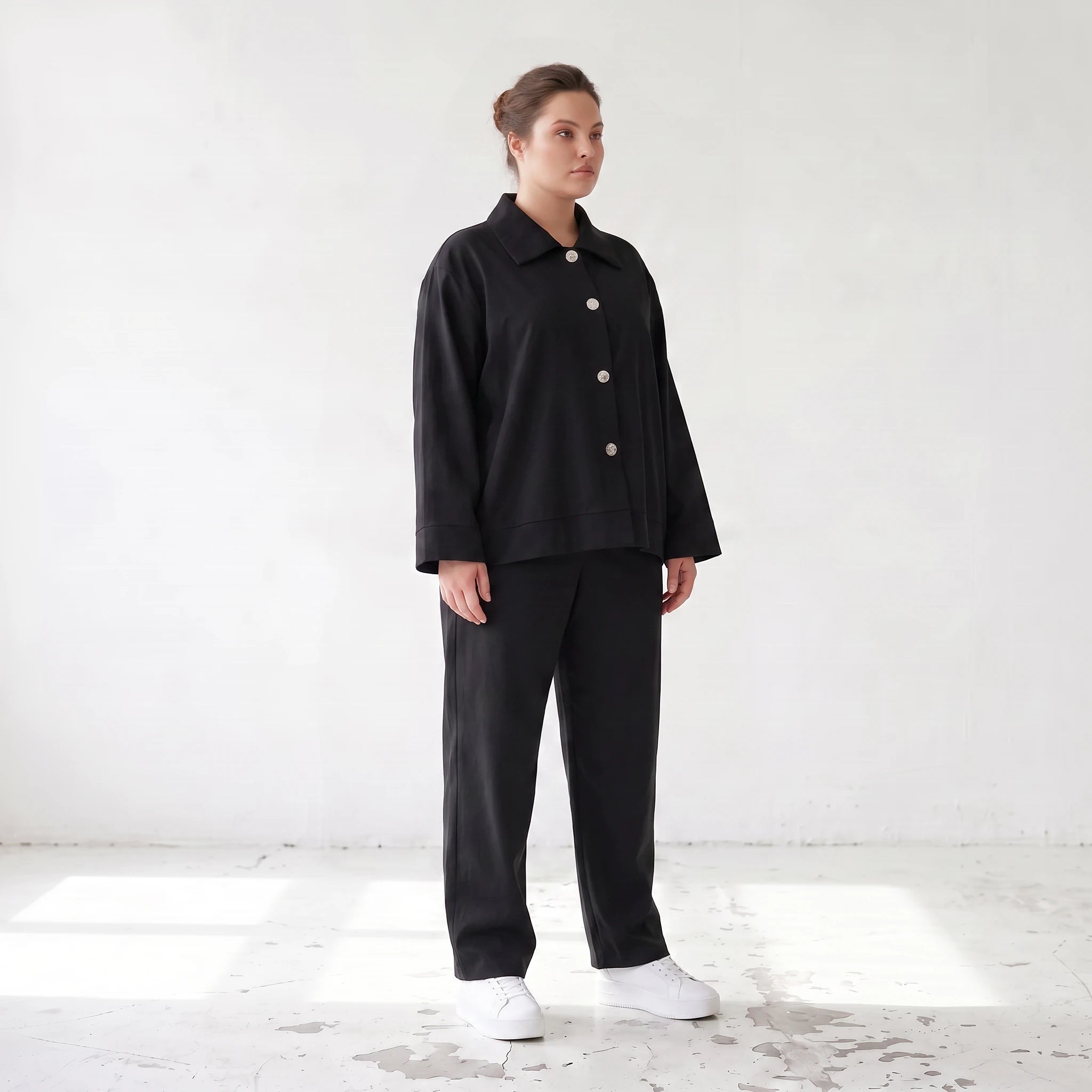 Schwarzer Oversize Blazer leger und zeitlos mit Stretchkomfort und Lagenlook cleanem Look