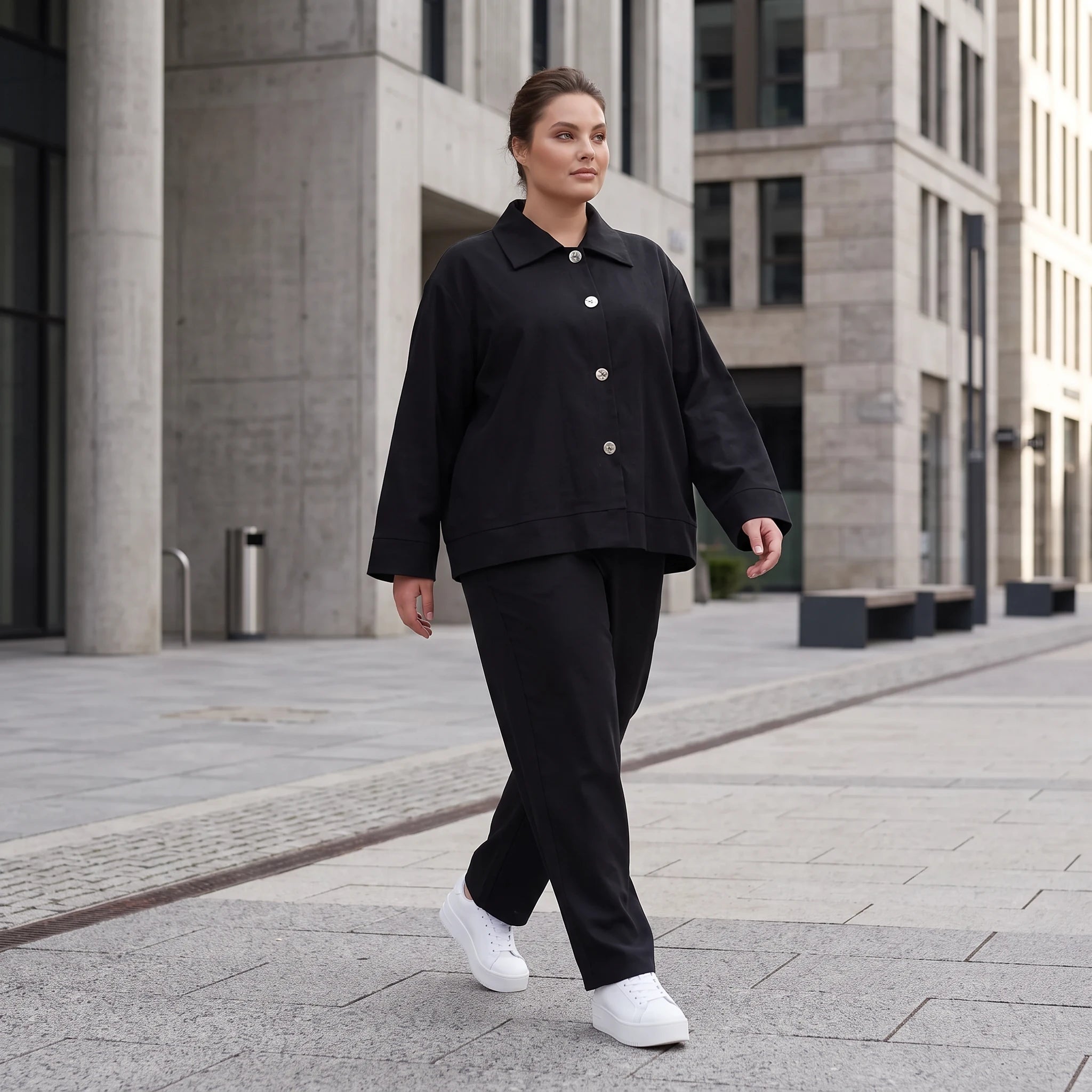 Schwarzer Oversize Blazer leger und zeitlos mit Stretchkomfort und Lagenlook cleanem Look