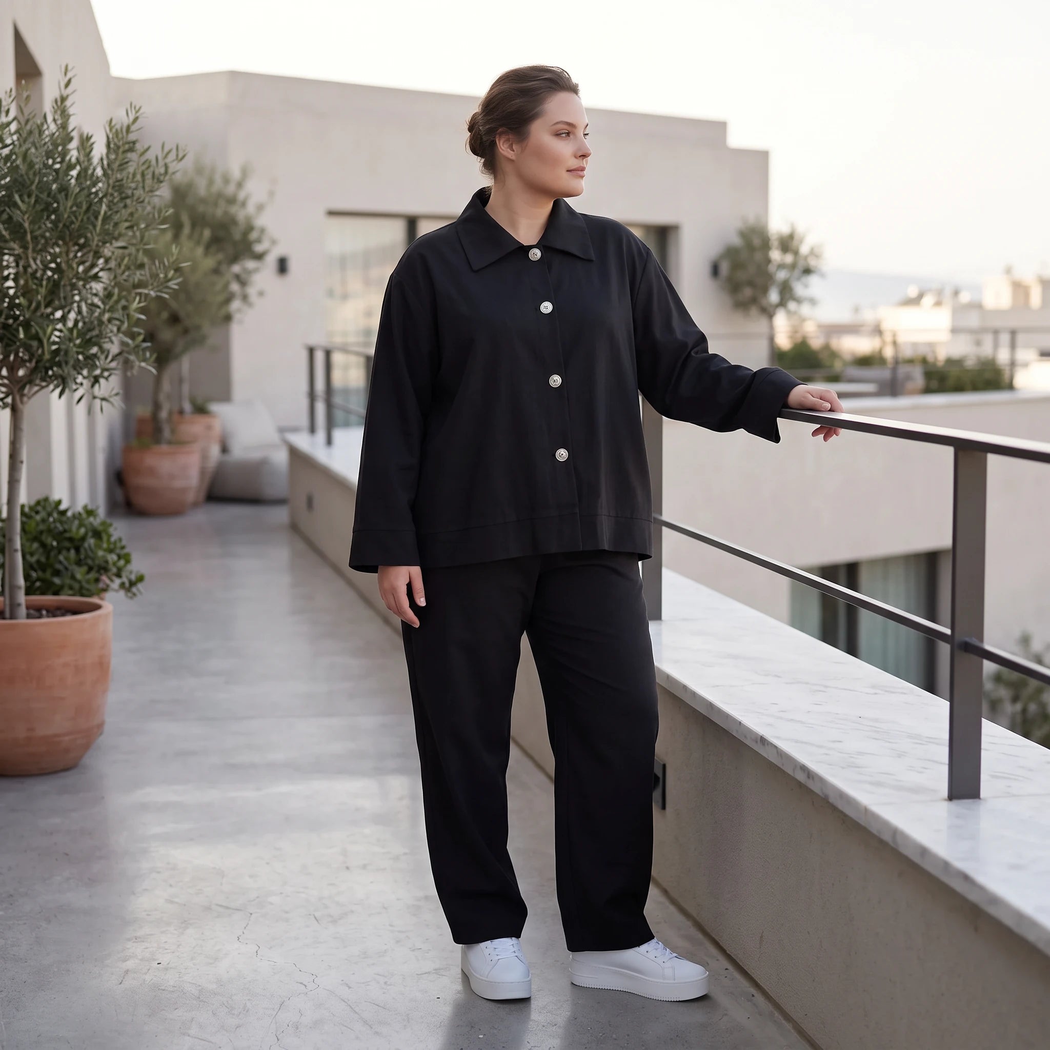 Schwarzer Oversize Blazer leger und zeitlos mit Stretchkomfort und Lagenlook cleanem Look