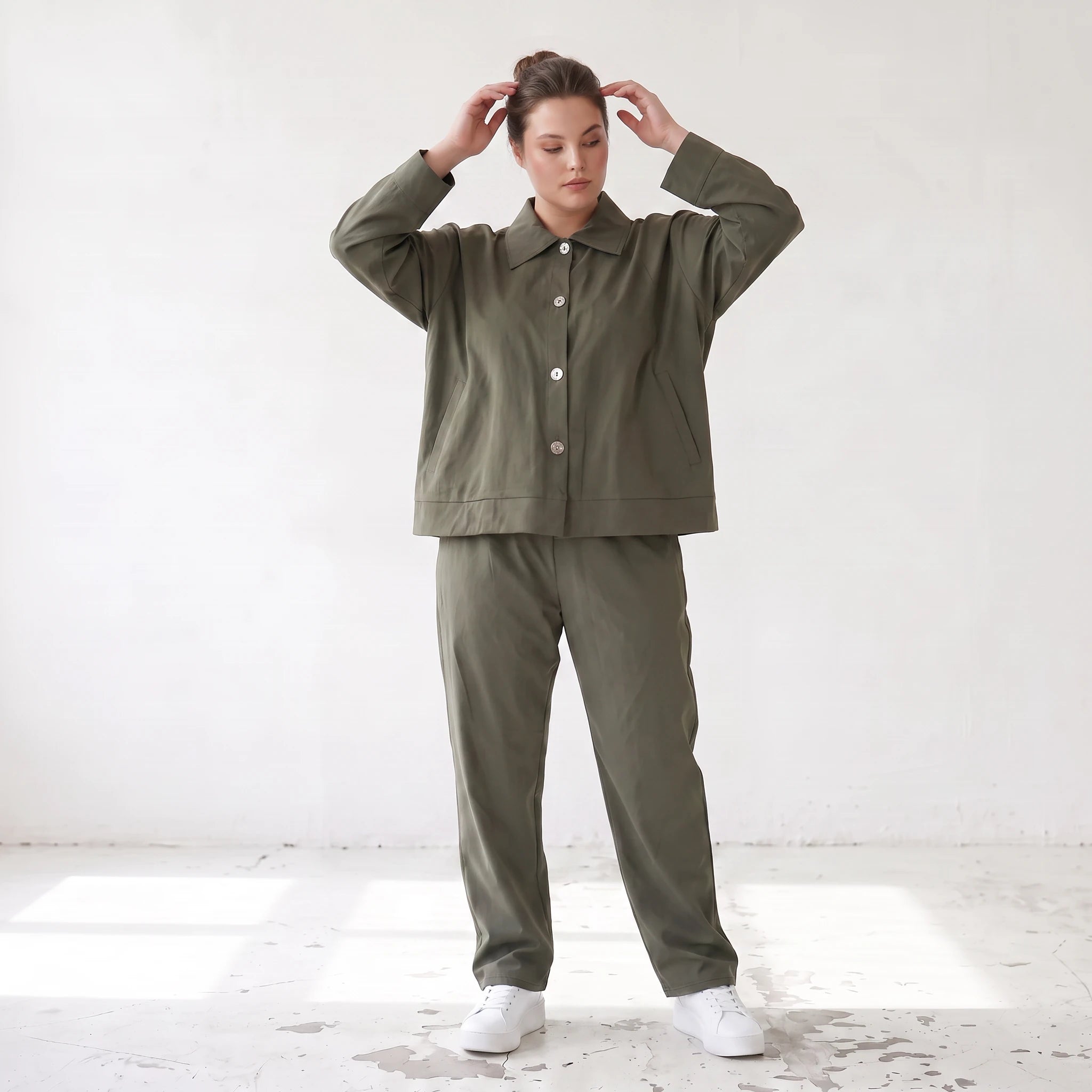 Khaki Bengalineblazer im Oversize Lagenlook weich elastisch zeitlos leger chic sommerlich