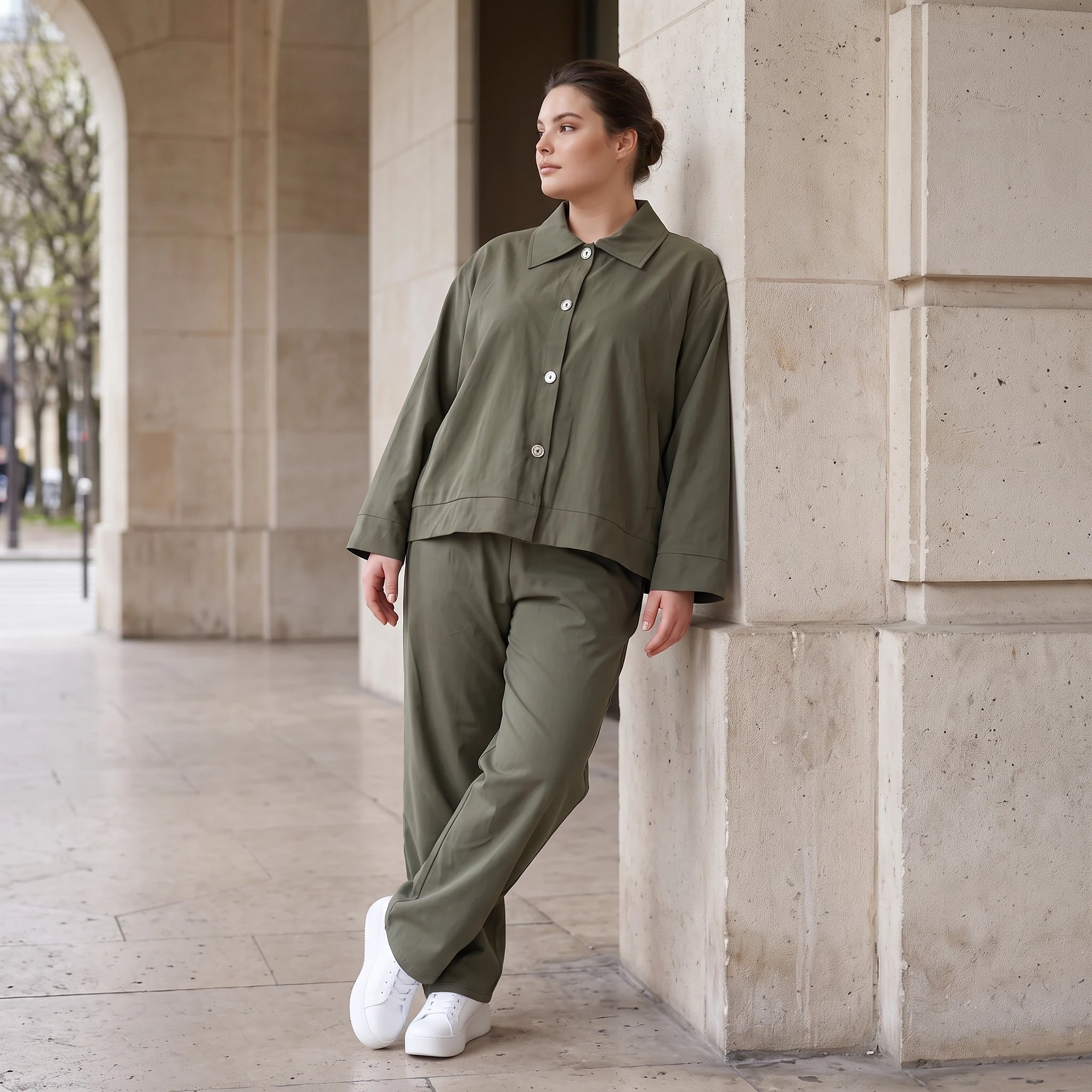 Khaki Bengalineblazer im Oversize Lagenlook weich elastisch zeitlos leger chic sommerlich