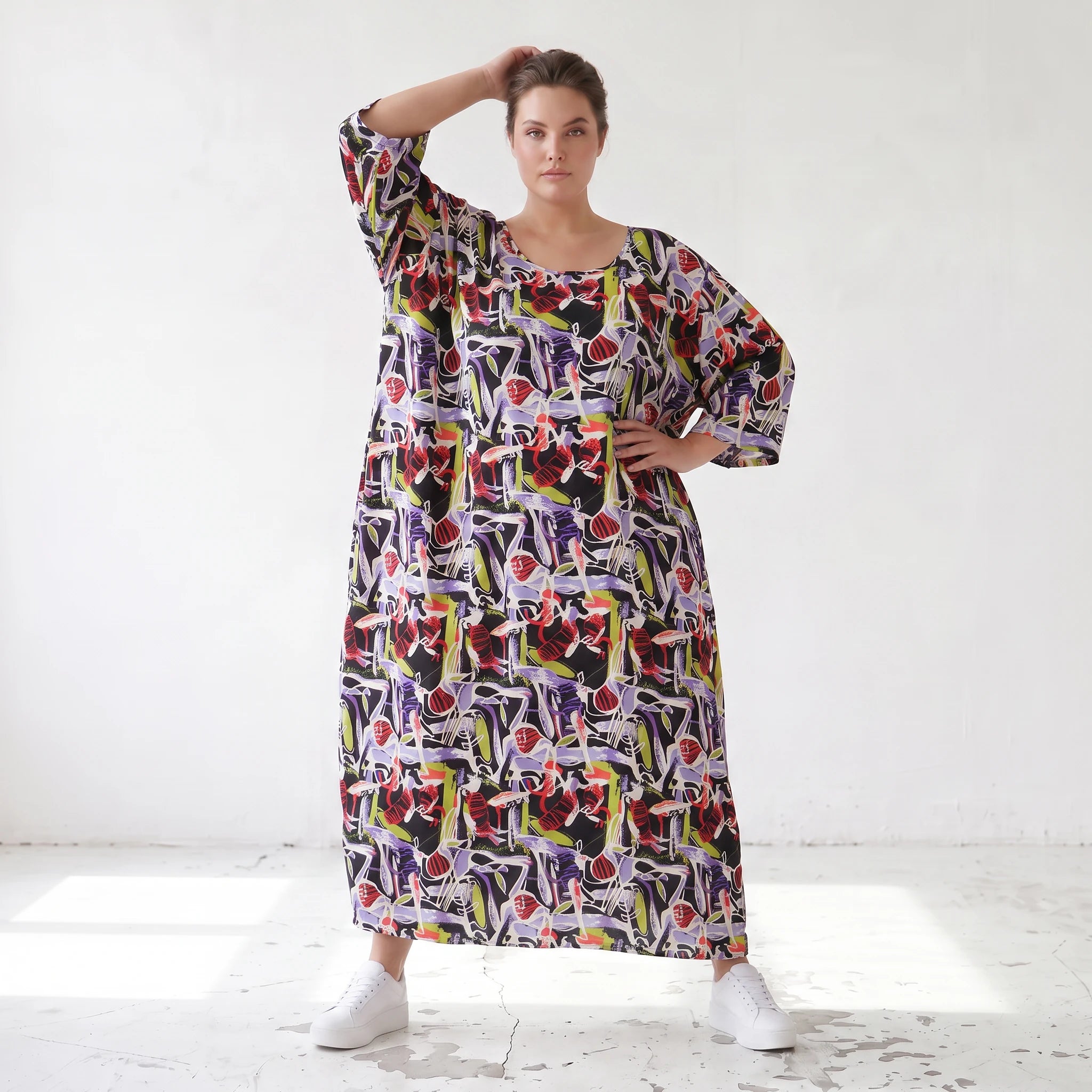 Fliessendes Ballonkleid aus Viskose in Schwarz Oliv Lila sehr leger zeitlos Oversize Look