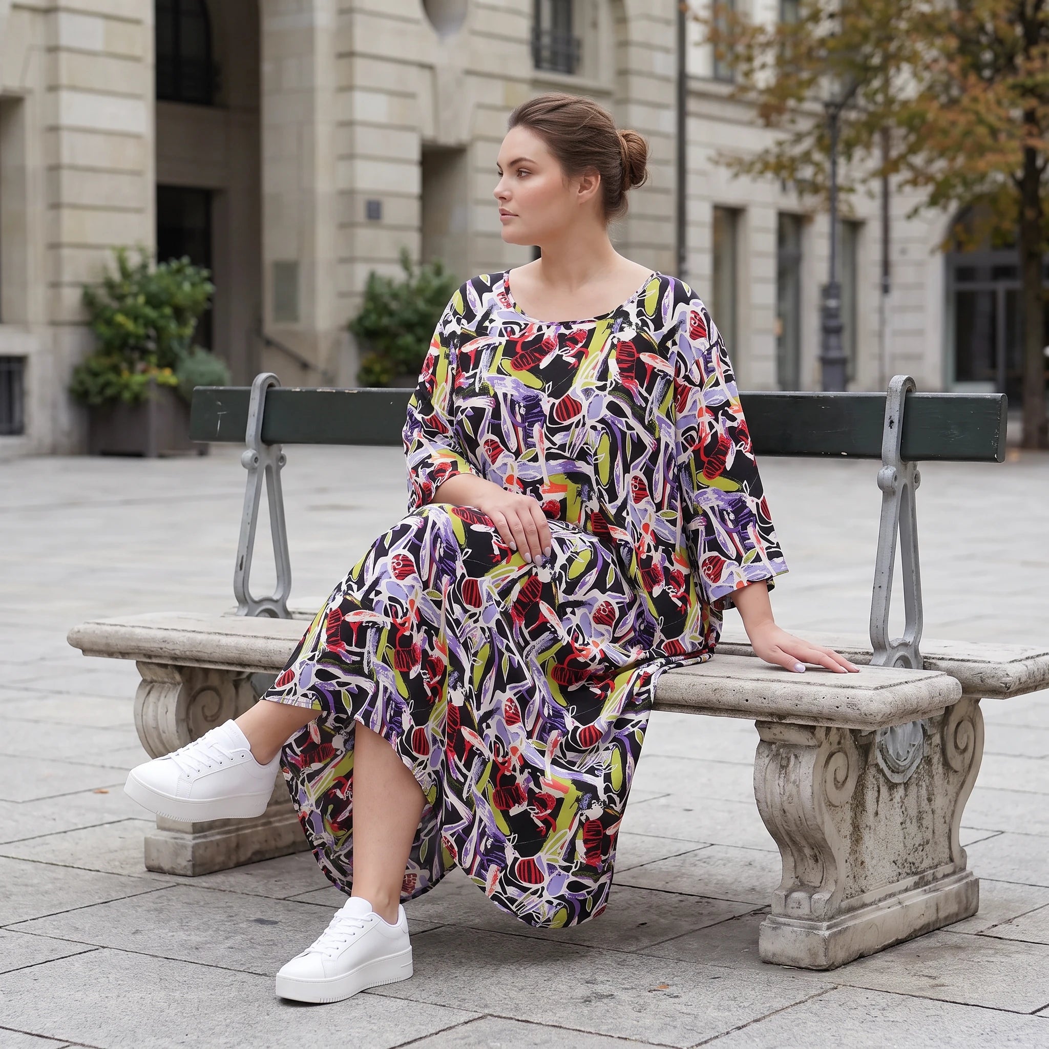 Fliessendes Ballonkleid aus Viskose in Schwarz Oliv Lila sehr leger zeitlos Oversize Look