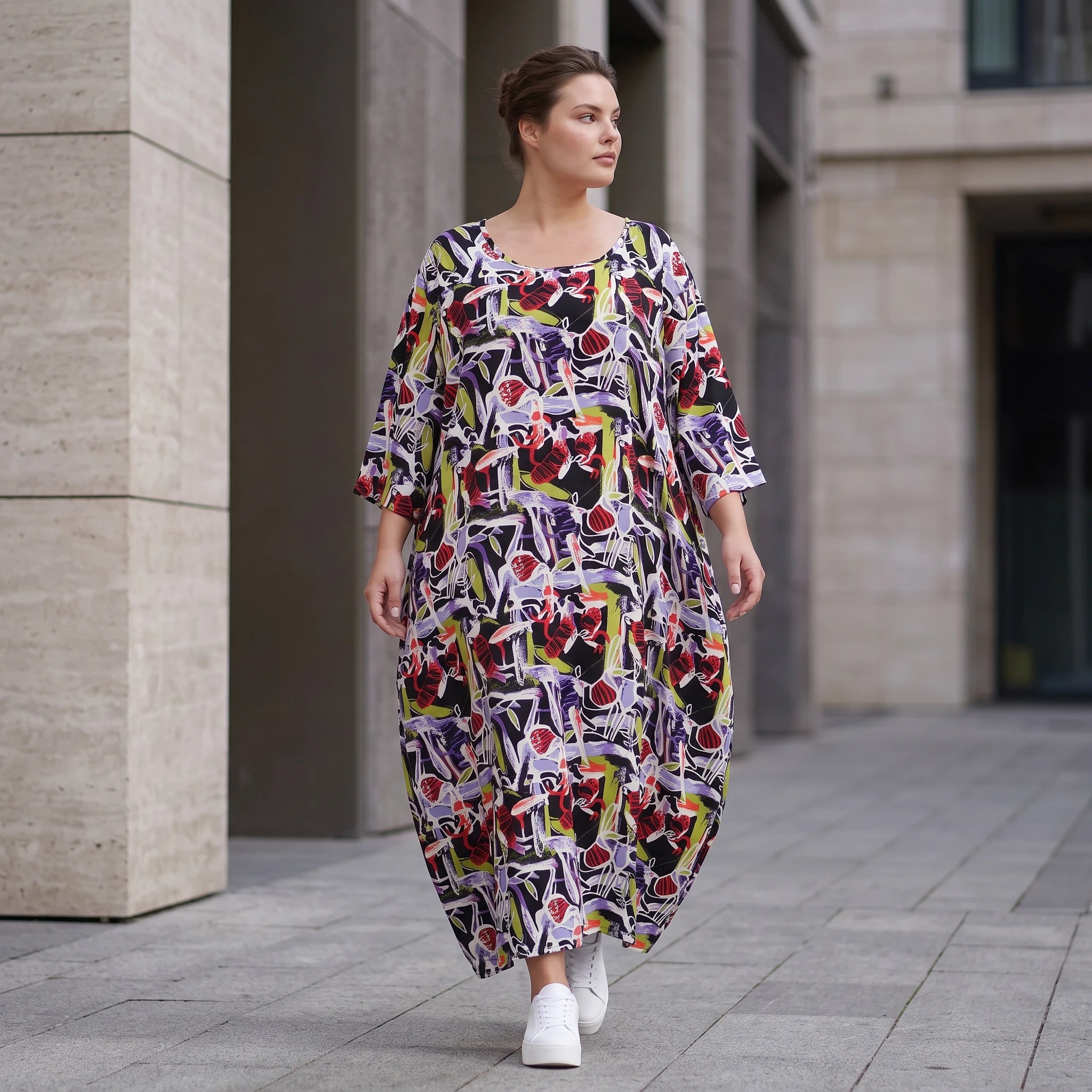 Fliessendes Ballonkleid aus Viskose in Schwarz Oliv Lila sehr leger zeitlos Oversize Look