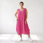 Damen Kleid Lagenlook Viskose Fuchsia, Ballonschnitt, ärmellos, Taschen, Oversize große Größen – AKH Fashion