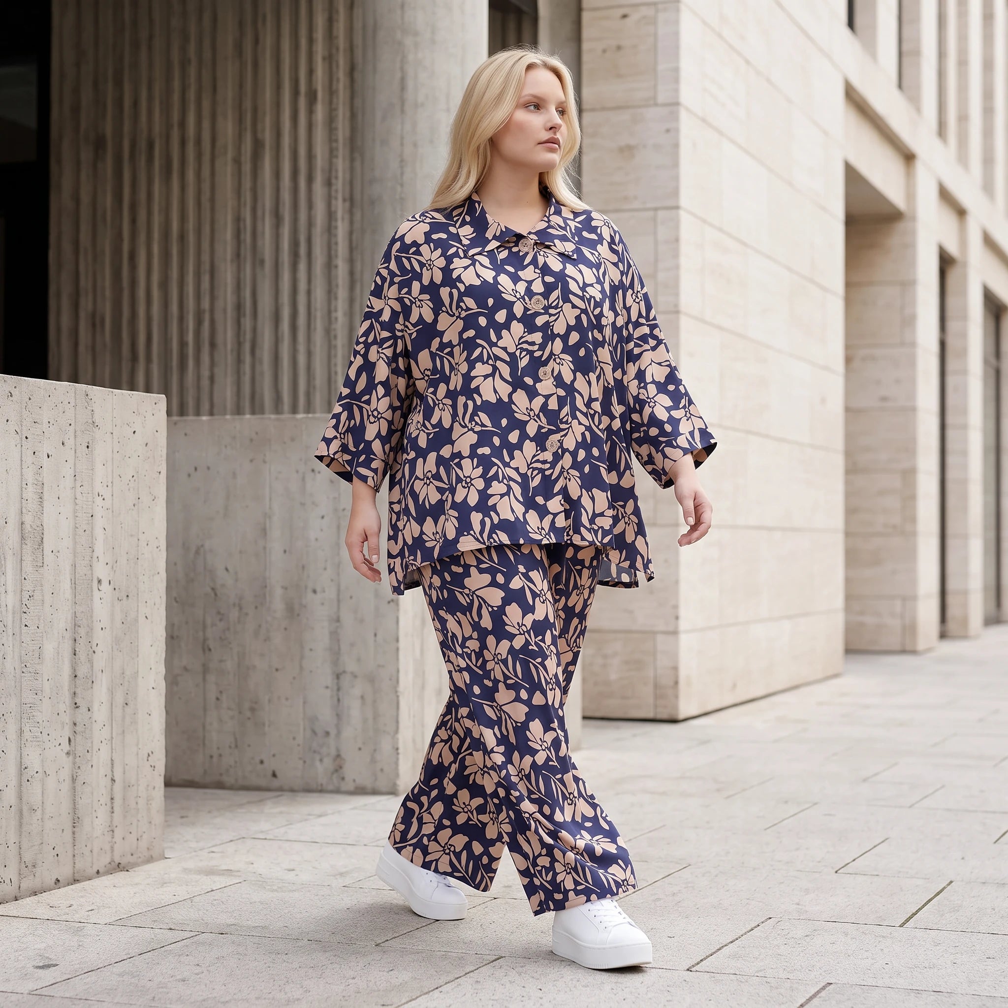 Damen Bluse Lagenlook Viskose Marine/Rose, gerader Schnitt, Langarm, Knopfleiste, Oversize große Größen – AKH Fashion