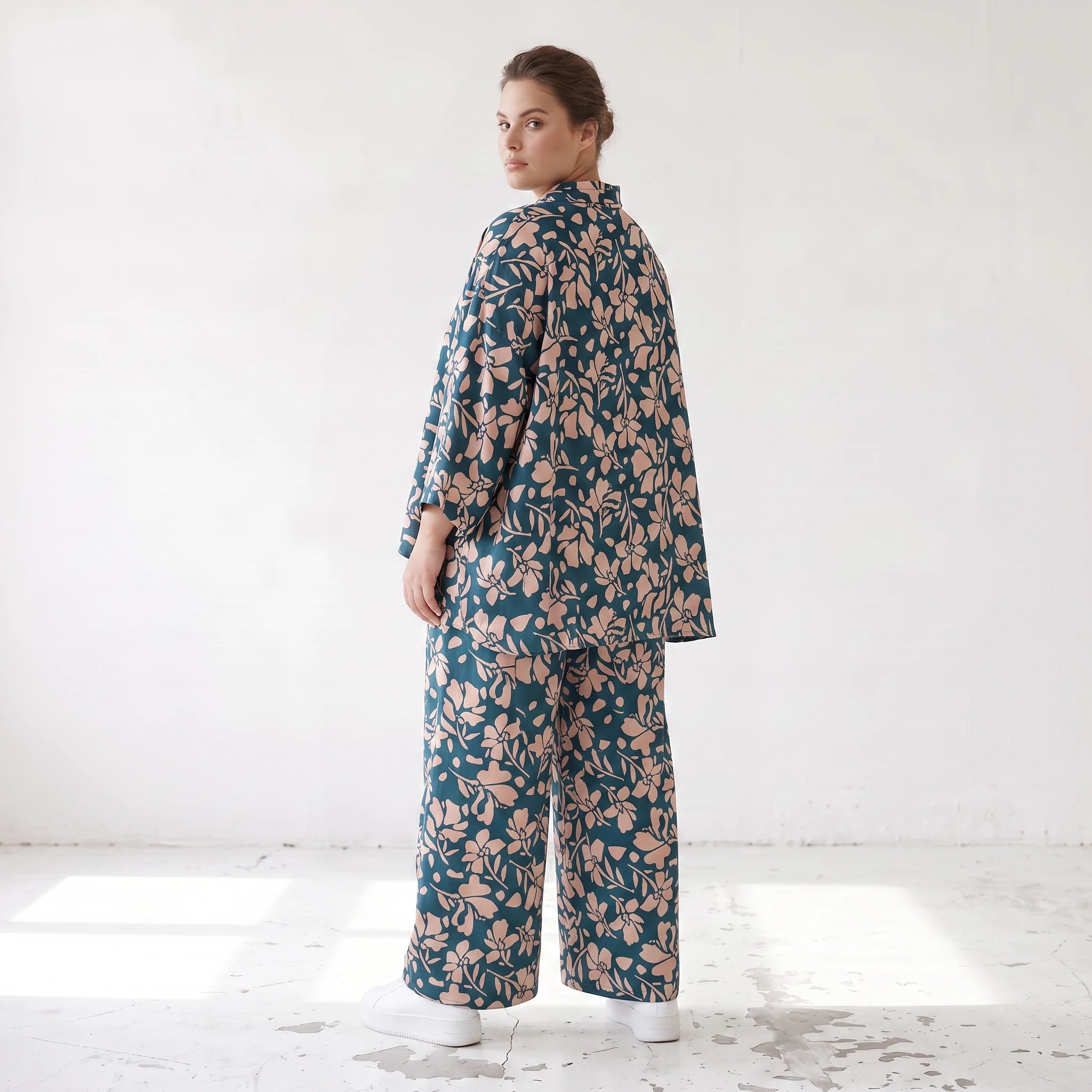 Damen Bluse Lagenlook Viskose Petrol/Rose, gerader Schnitt, Langarm, Knopfleiste, Oversize große Größen – AKH Fashion