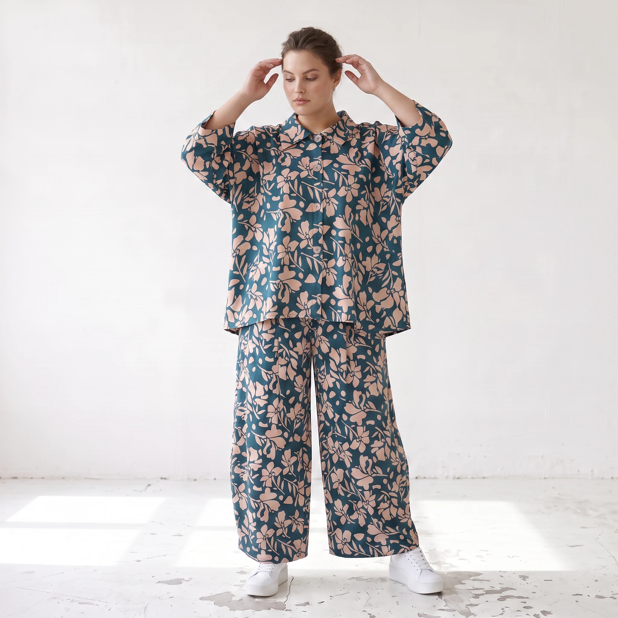 Damen Bluse Lagenlook Viskose Petrol/Rose, gerader Schnitt, Langarm, Knopfleiste, Oversize große Größen – AKH Fashion