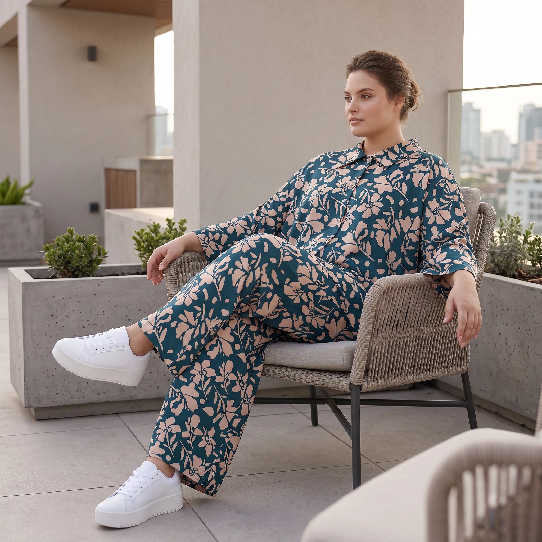 Damen Bluse Lagenlook Viskose Petrol/Rose, gerader Schnitt, Langarm, Knopfleiste, Oversize große Größen – AKH Fashion
