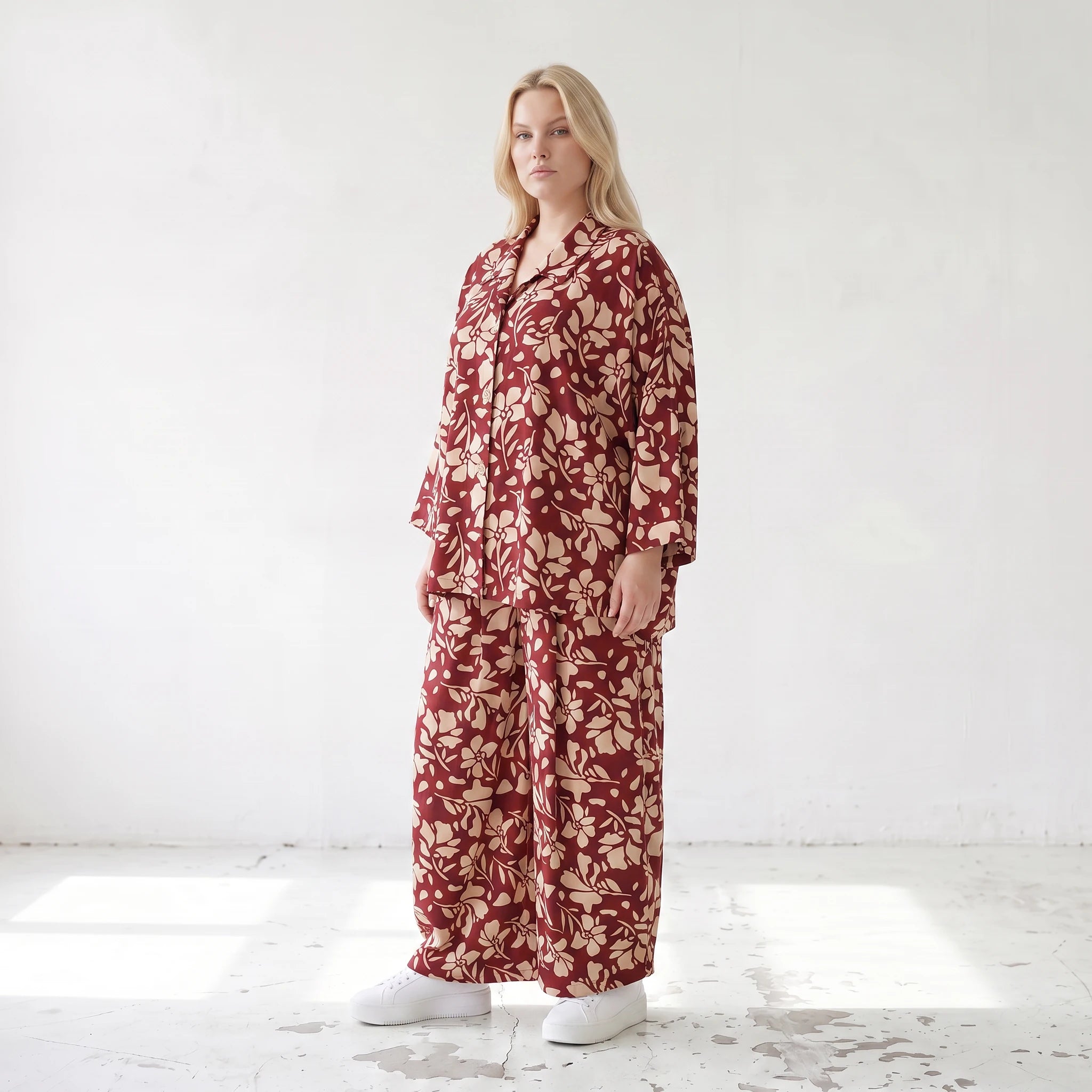 Damen Bluse Lagenlook Viskose Weinrot/Rose, gerader Schnitt, Langarm, Knopfleiste, Oversize große Größen – AKH Fashion