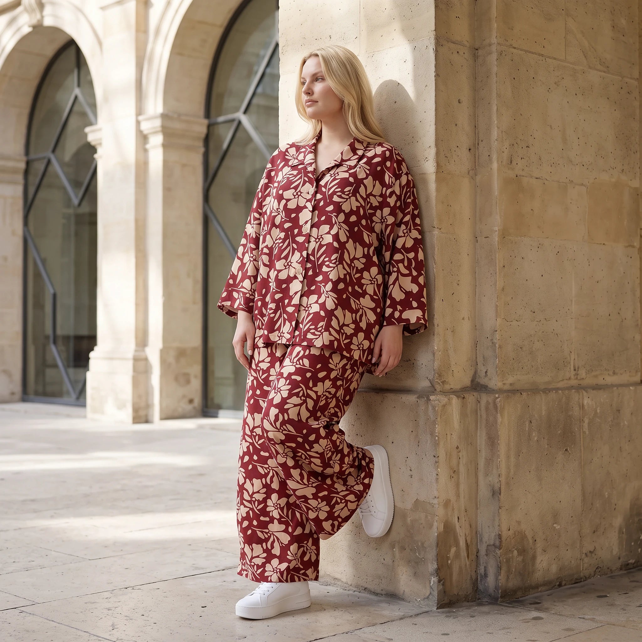 Damen Bluse Lagenlook Viskose Weinrot/Rose, gerader Schnitt, Langarm, Knopfleiste, Oversize große Größen – AKH Fashion