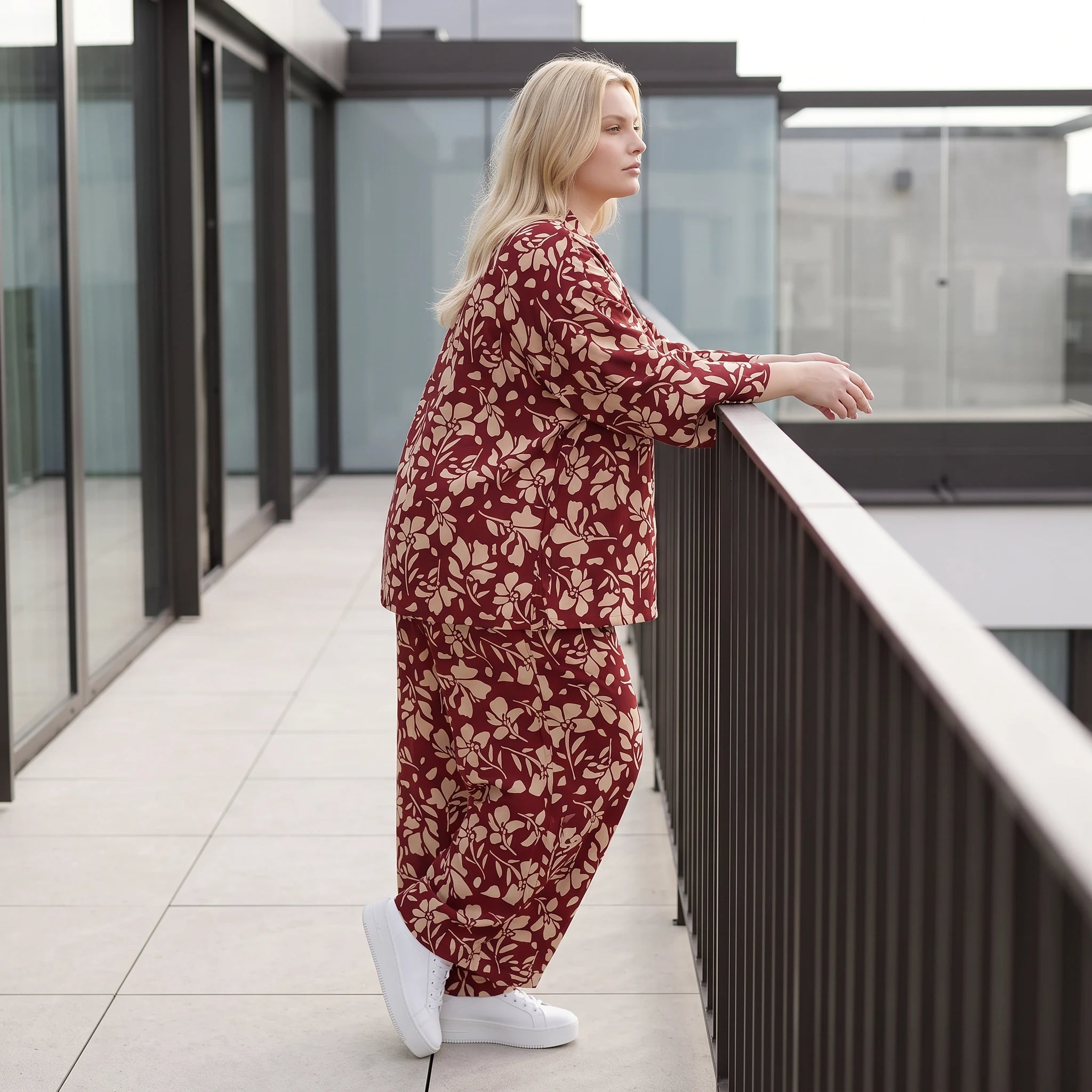 Damen Bluse Lagenlook Viskose Weinrot/Rose, gerader Schnitt, Langarm, Knopfleiste, Oversize große Größen – AKH Fashion