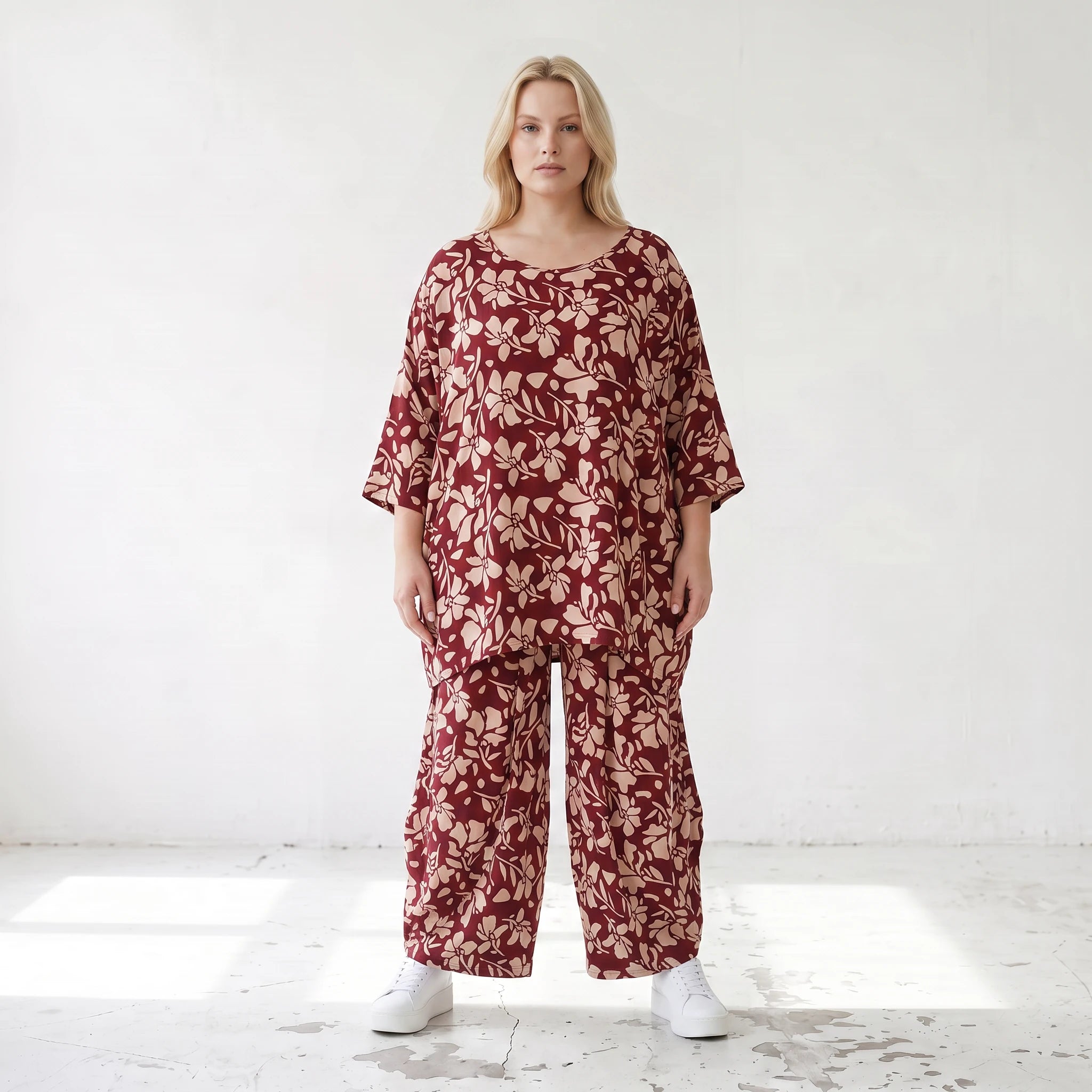 Damen Shirt Lagenlook Viskose Weinrot/Rose, A-Form, Langarm, Taschen, Oversize große Größen – AKH Fashion