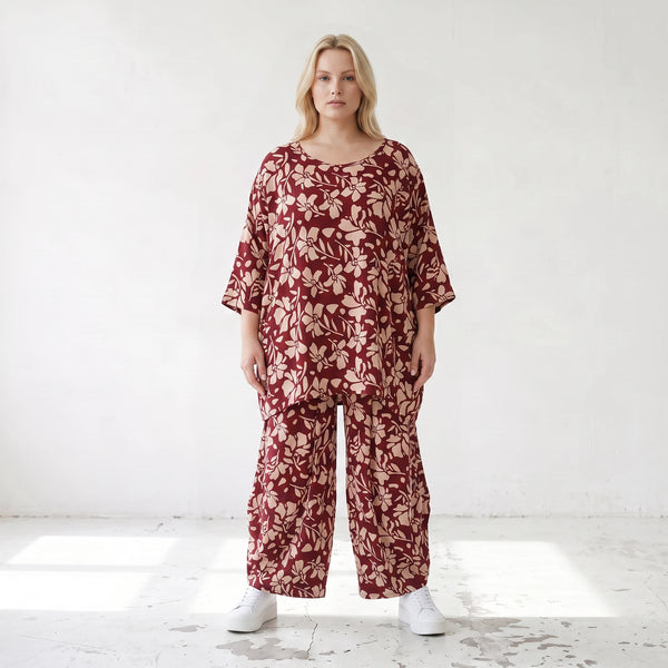 Damen Shirt Lagenlook Viskose Weinrot/Rose, A-Form, Langarm, Taschen, Oversize große Größen – AKH Fashion