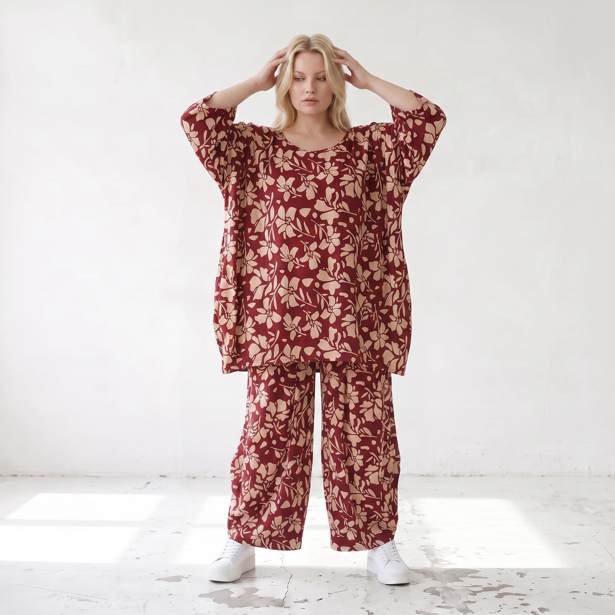 Damen Shirt Lagenlook Viskose Weinrot/Rose, A-Form, Langarm, Taschen, Oversize große Größen – AKH Fashion