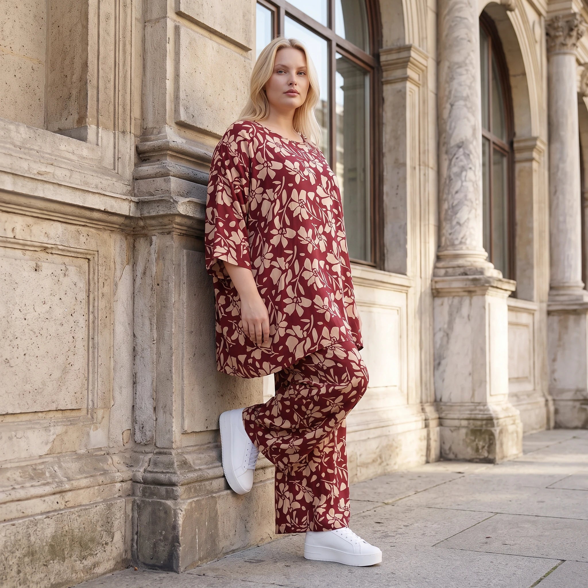 Damen Shirt Lagenlook Viskose Weinrot/Rose, A-Form, Langarm, Taschen, Oversize große Größen – AKH Fashion