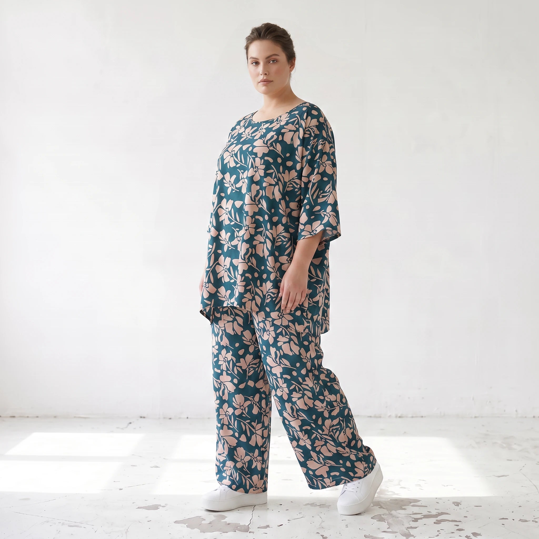 Damen Shirt Lagenlook Viskose Petrol/Rose, A-Form, 3/4-Arm, Taschen, Oversize große Größen – AKH Fashion