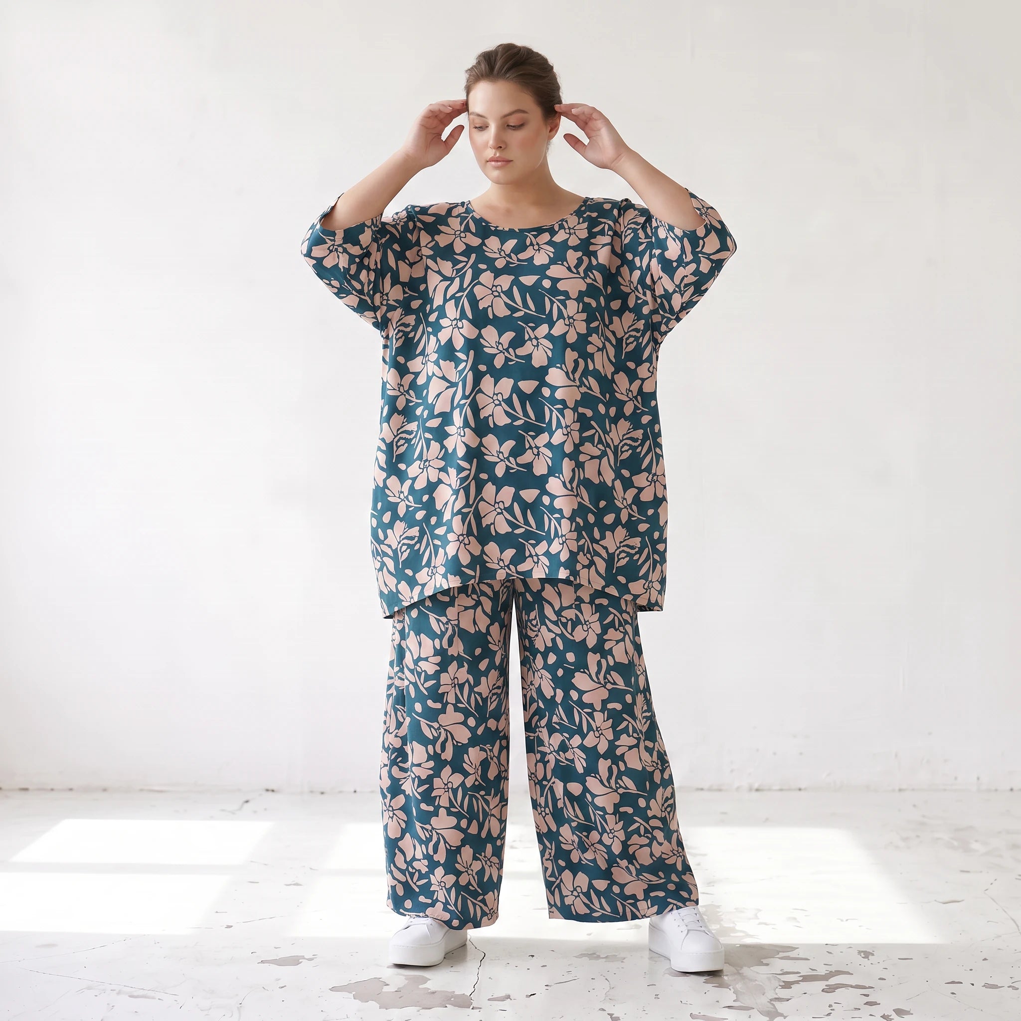 Damen Shirt Lagenlook Viskose Petrol/Rose, A-Form, 3/4-Arm, Taschen, Oversize große Größen – AKH Fashion
