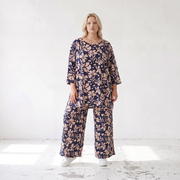 Damen Shirt Lagenlook Viskose Marine/Rose, A-Form, 3/4-Arm, Taschen, Oversize große Größen – AKH Fashion