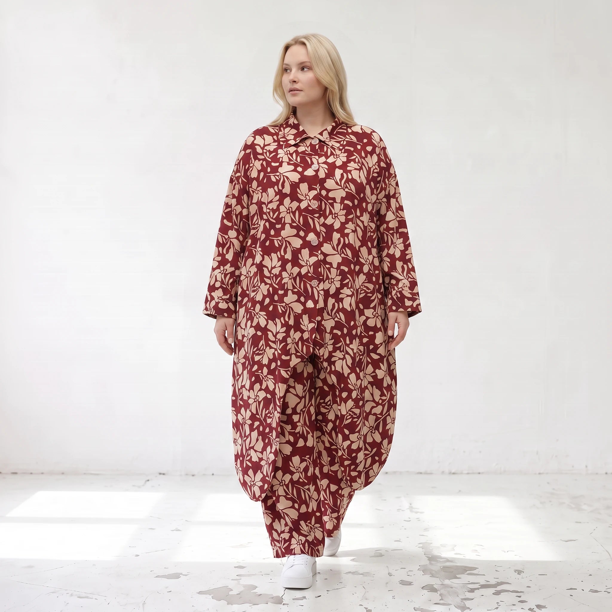 Damen Bluse Lagenlook Viskose Weinrot/Rose, gerader Schnitt, Langarm, Knopfleiste, Oversize große Größen – AKH Fashion