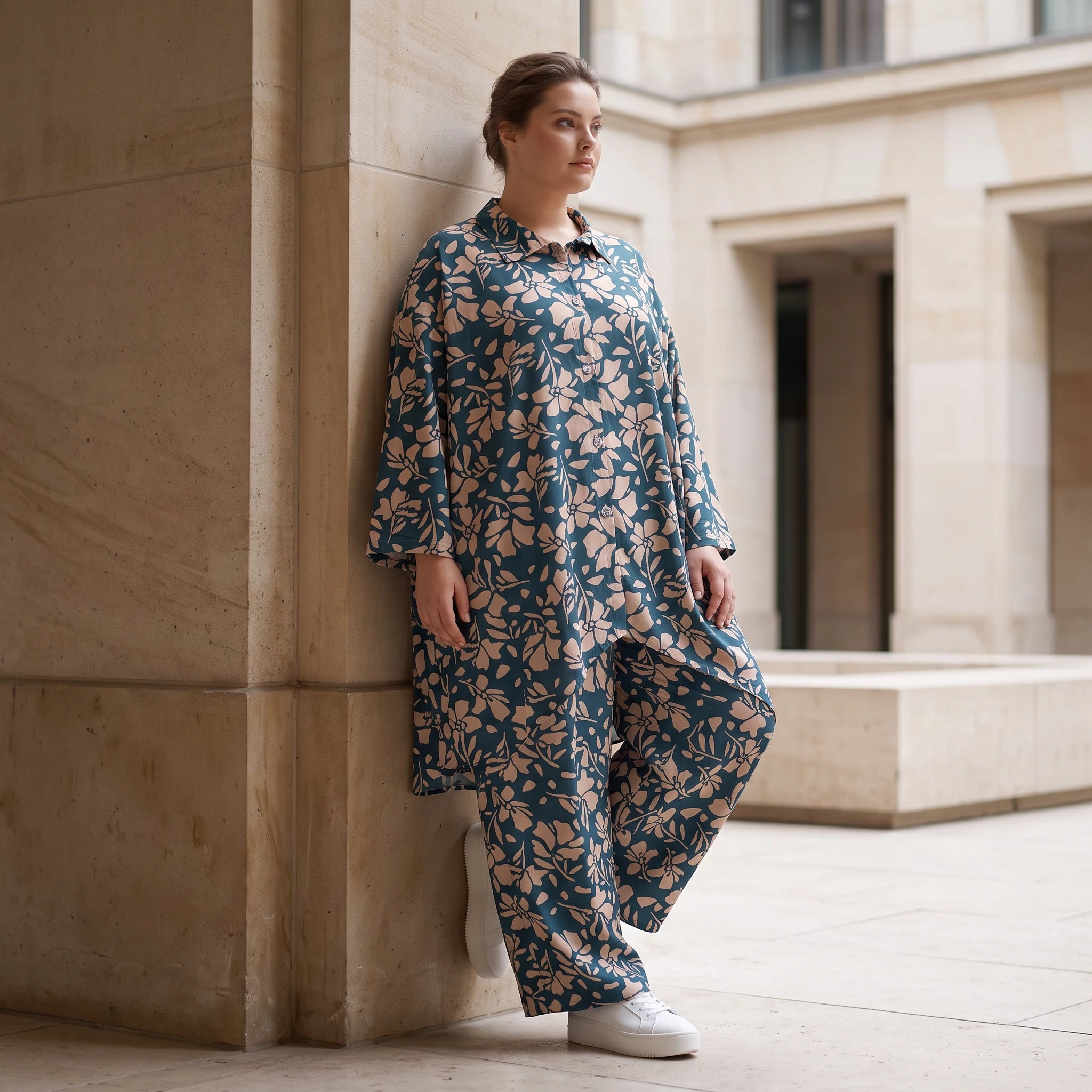 Damen Bluse Lagenlook Viskose Petrol/Rose, Zipfelform, Langarm, Knopfleiste, Oversize große Größen – AKH Fashion