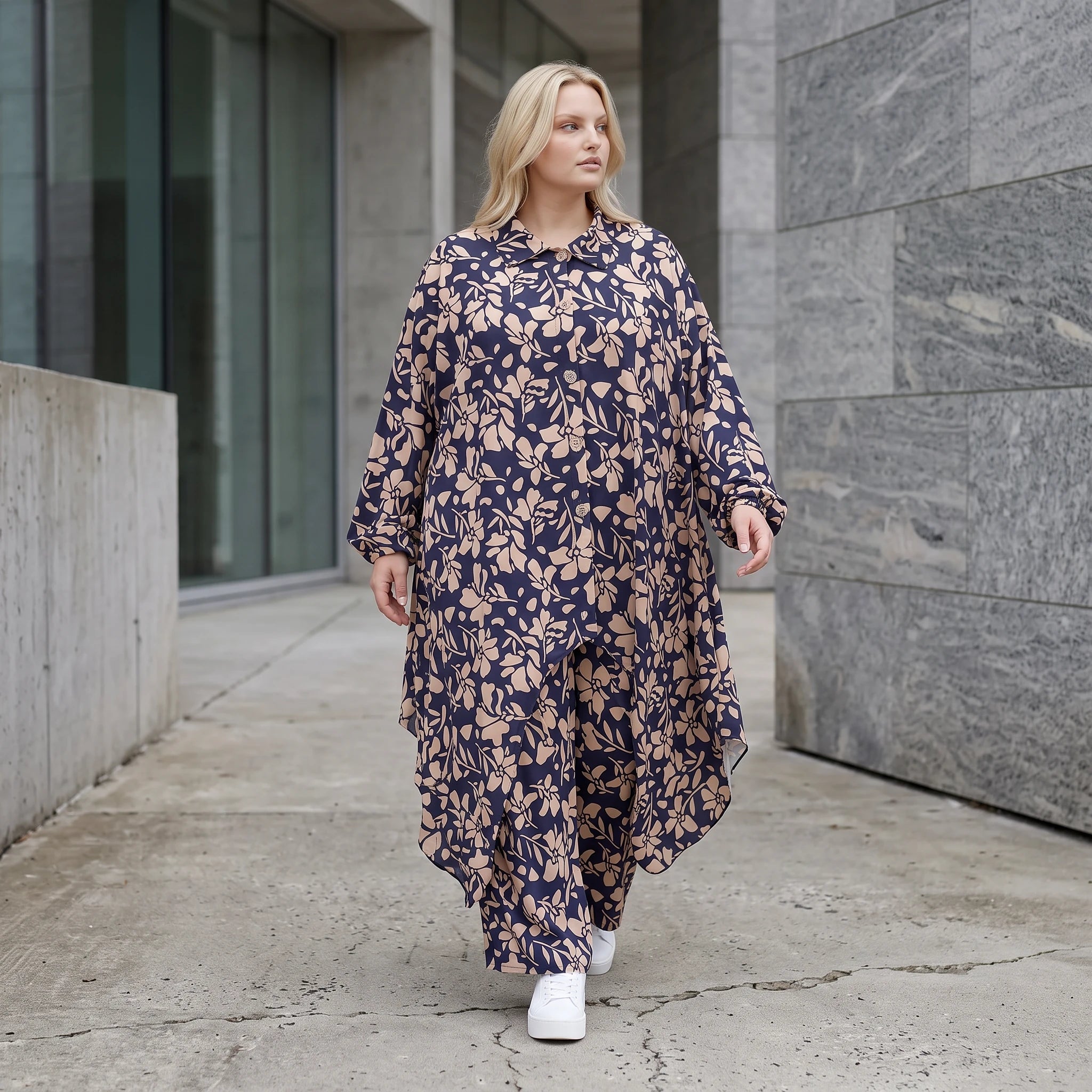 Damen Bluse Lagenlook Viskose Marine/Rose, Zipfelform, Langarm, Knopfleiste, Oversize große Größen – AKH Fashion