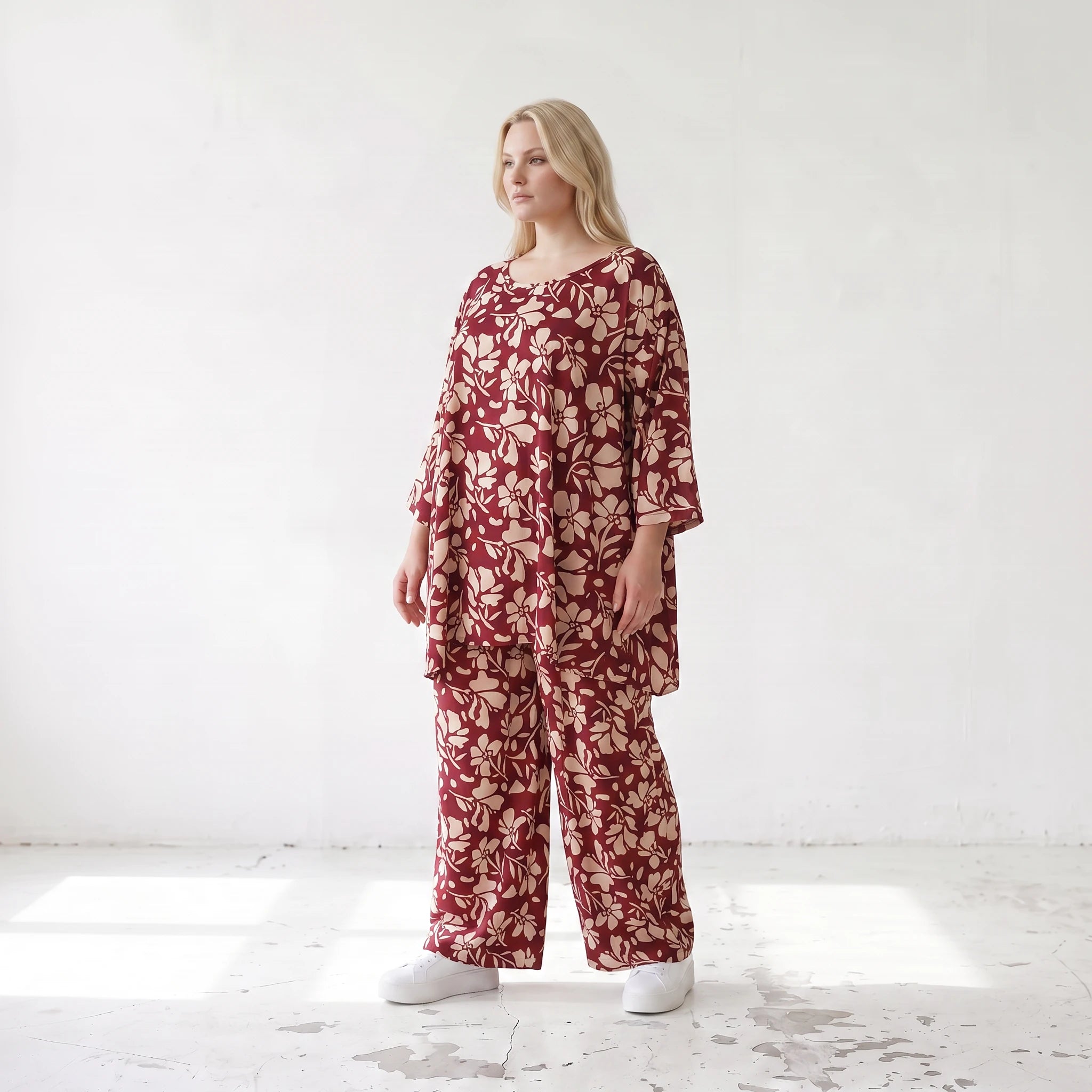 Damen Shirt Lagenlook Viskose Weinrot/Rose, A-Form, 3/4-Arm, Oversize große Größen – AKH Fashion