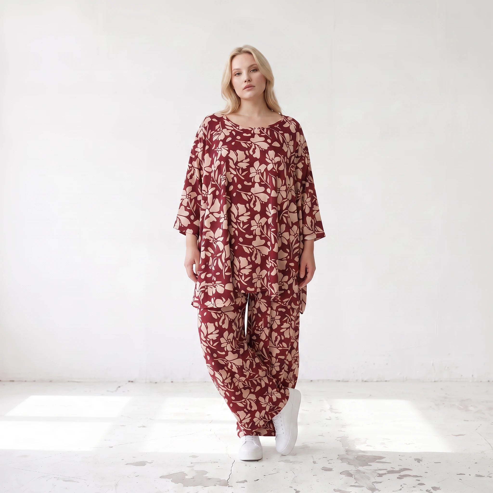 Damen Shirt Lagenlook Viskose Weinrot/Rose, A-Form, 3/4-Arm, Oversize große Größen – AKH Fashion
